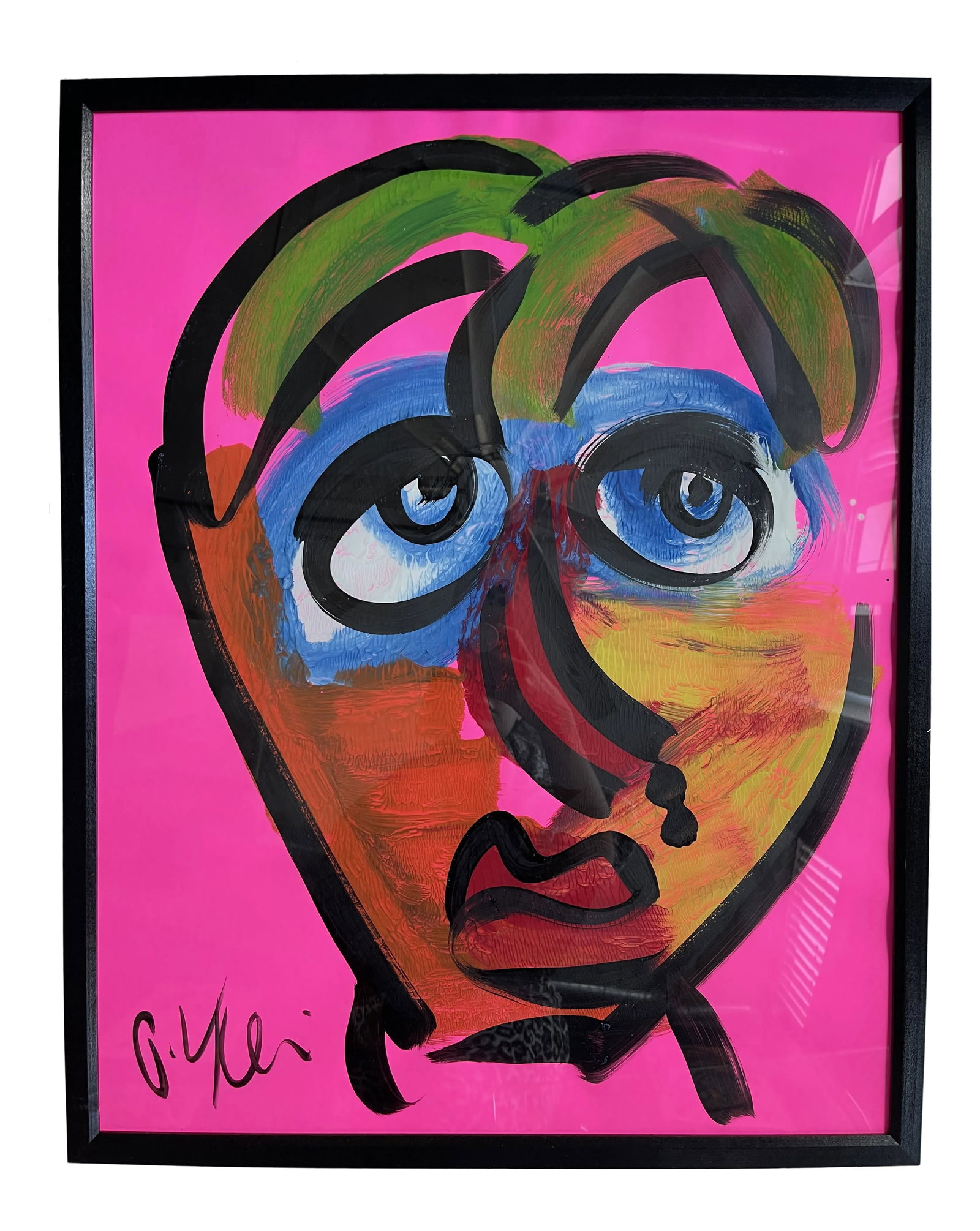 Contemporary Abstract Face Portrait Acrylic Painting by Peter Keil, Framed: Peter Keil is a German artist that focuses primarily on abstract expressionism. Keil painted with some of the greats including Joan Miro, Pablo Picasso and Andy Warhol, to name a few. This is a beauti