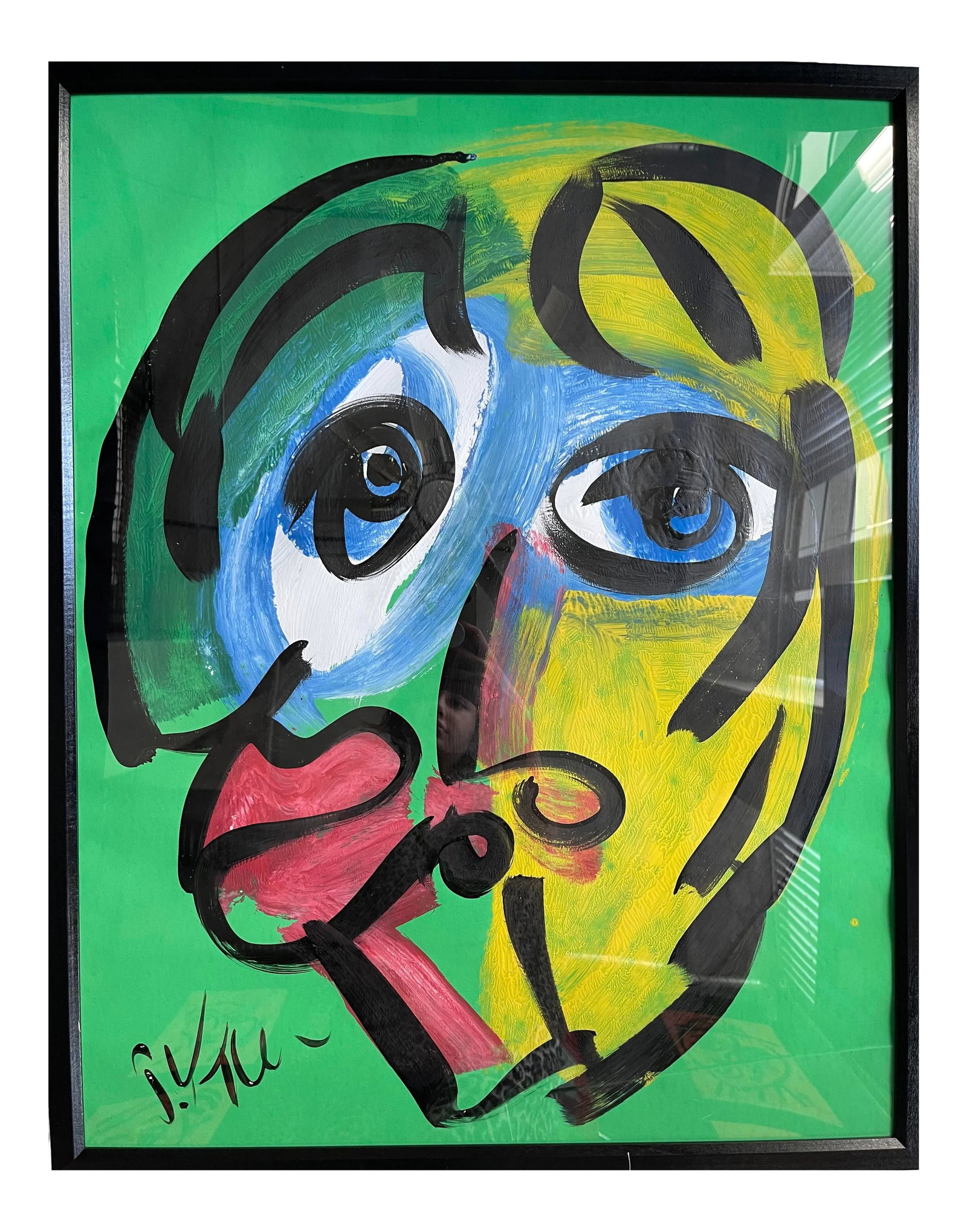 Contemporary Abstract Portrait Painting by Peter Keil, Framed: Peter Keil is a German artist that focuses primarily on abstract expressionism. Keil painted with some of the greats including Joan Miro, Pablo Picasso and Andy Warhol, to name a few. This is a gorgeo