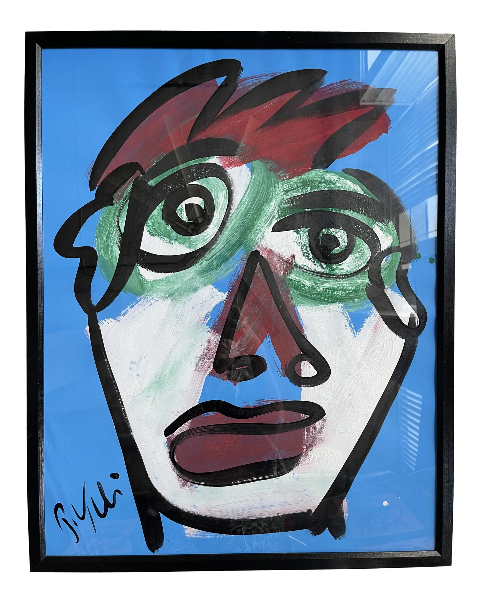 Contemporary Abstract Face Portrait Acrylic Painting by Peter Keil, Framed: Peter Keil is a German artist who focuses primarily on abstract expressionism. Keil painted with some of the greats, including Joan Miro, Pablo Picasso, and Andy Warhol, to name a few. This is a fabul