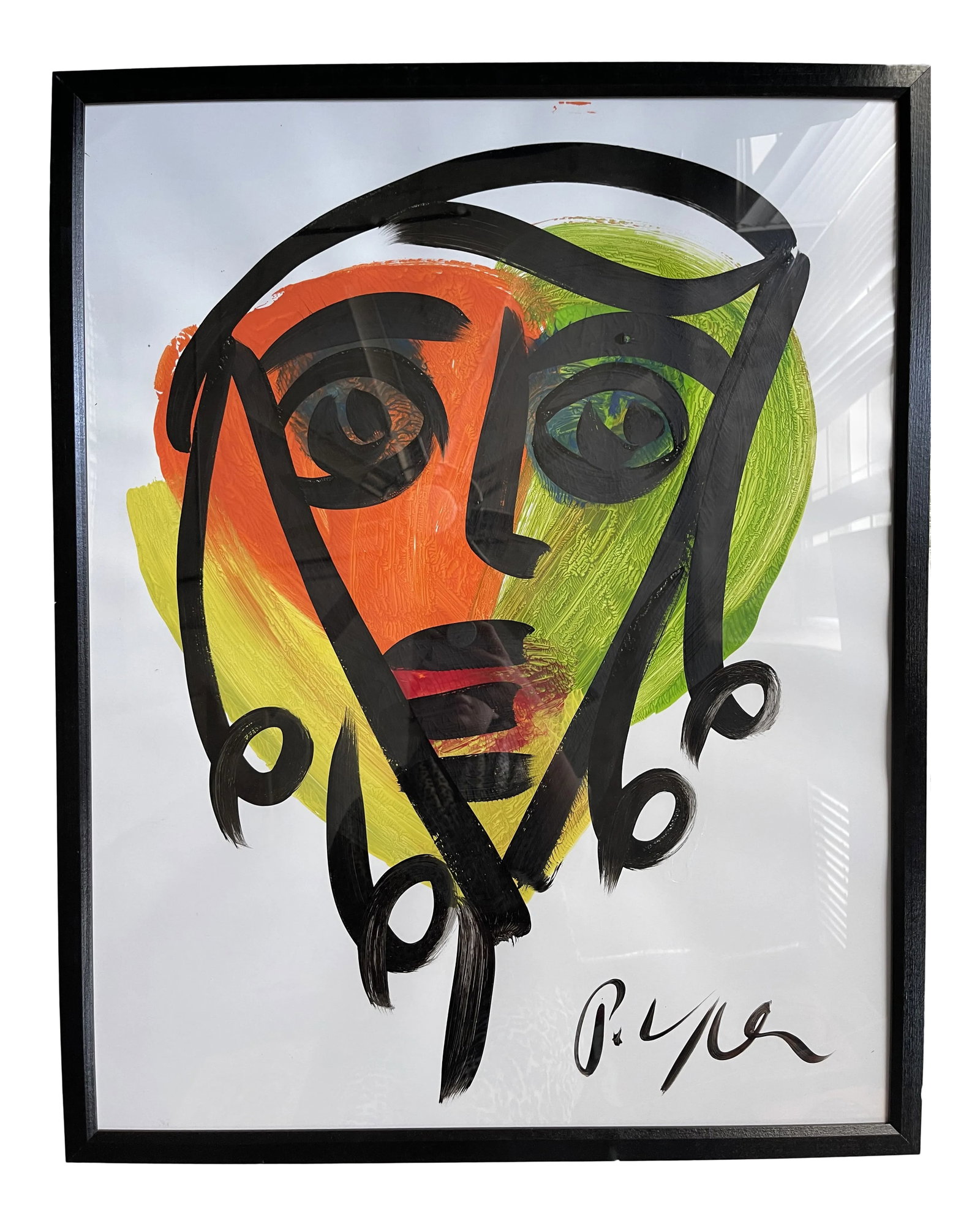 Contemporary Abstract Face Portrait Acrylic Painting by Peter Keil, Framed: Peter Keil is a German artist who focuses primarily on abstract expressionism. Keil painted with some of the greats, including Joan Miro, Pablo Picasso, and Andy Warhol, to name a few. This is a wonde