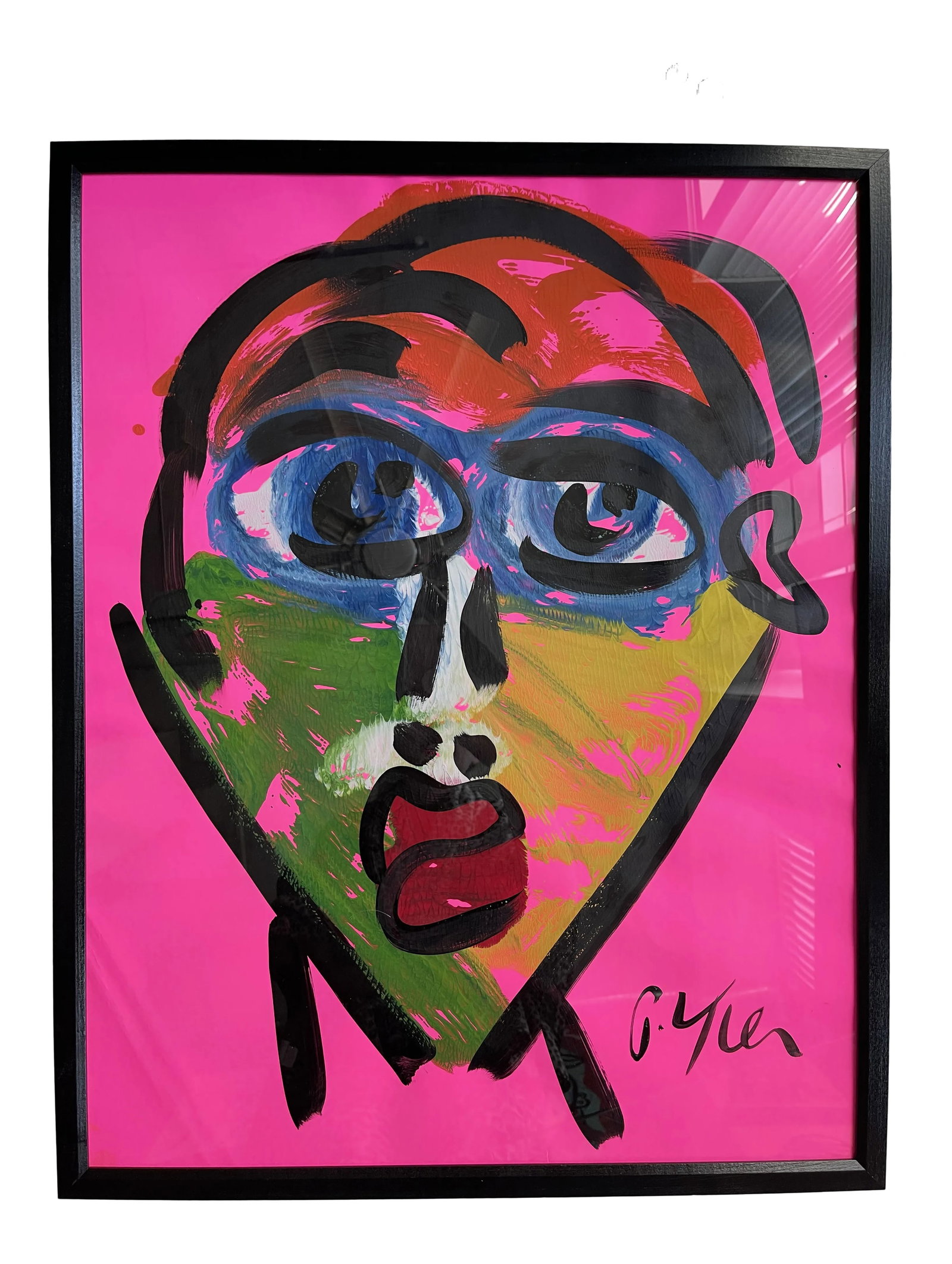 Contemporary Abstract Face Portrait Acrylic Painting by Peter Keil, Framed: Peter Keil is a German artist that focuses primarily on abstract expressionism. Keil painted with some of the greats including Joan Miro, Pablo Picasso and Andy Warhol, to name a few. This is a fun pa