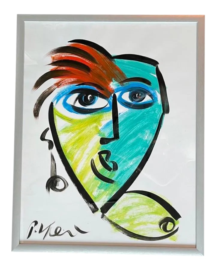 Contemporary Abstract Face Painting by Peter Keil, Framed: Peter Keil is a German artist that focuses primarily on abstract expressionism. Keil painted with some of the greats including Joan Miro, Pablo Picasso and Andy Warhol, to name a few. This piece is so