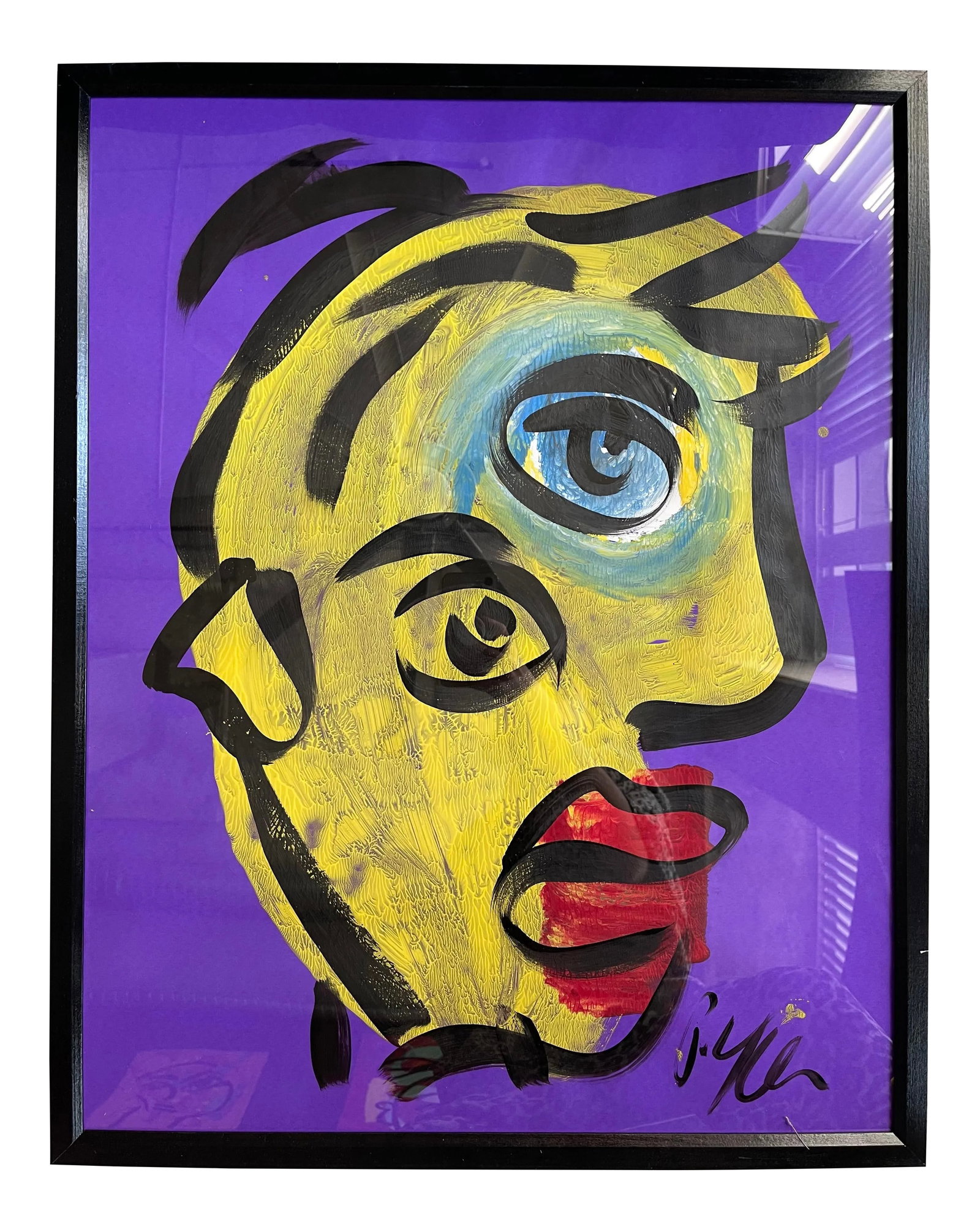 Contemporary Abstract Face Portrait Painting by Peter Keil, Framed: Peter Keil is a German artist that focuses primarily on abstract expressionism. Keil painted with some of the greats including Joan Miro, Pablo Picasso and Andy Warhol, to name a few. This is a beauti