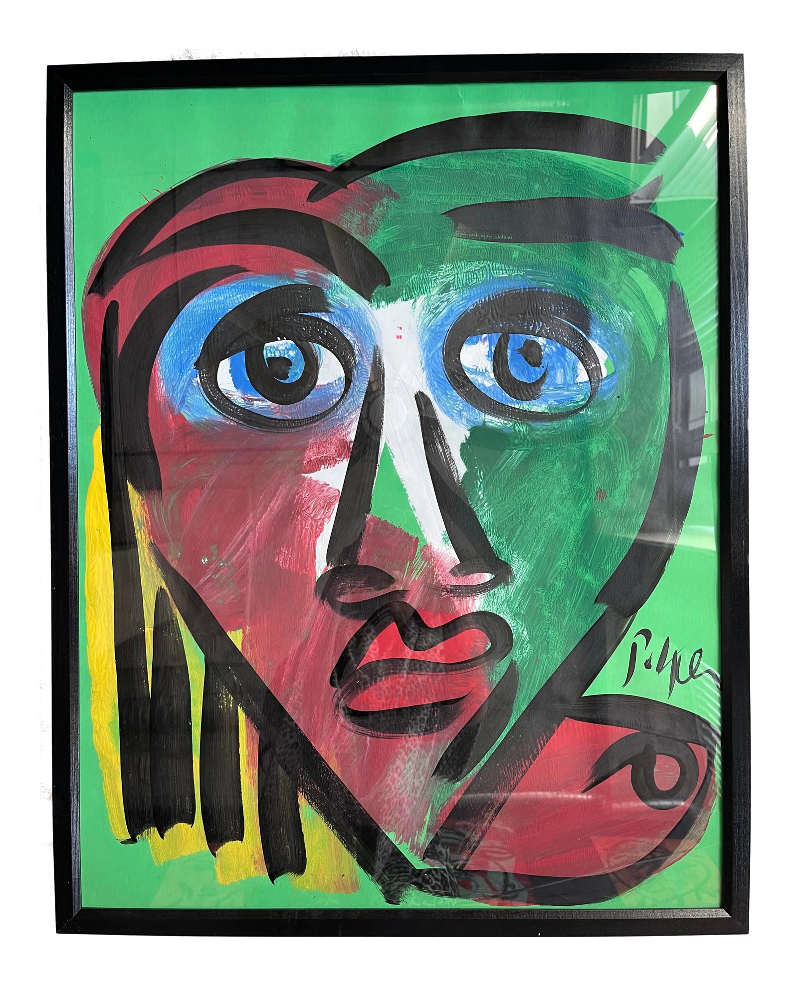 Contemporary Abstract Face Portrait Painting by Peter Keil, Framed: Peter Keil is a German artist that focuses primarily on abstract expressionism. Keil painted with some of the greats including Joan Miro, Pablo Picasso and Andy Warhol, to name a few. This is a beauti