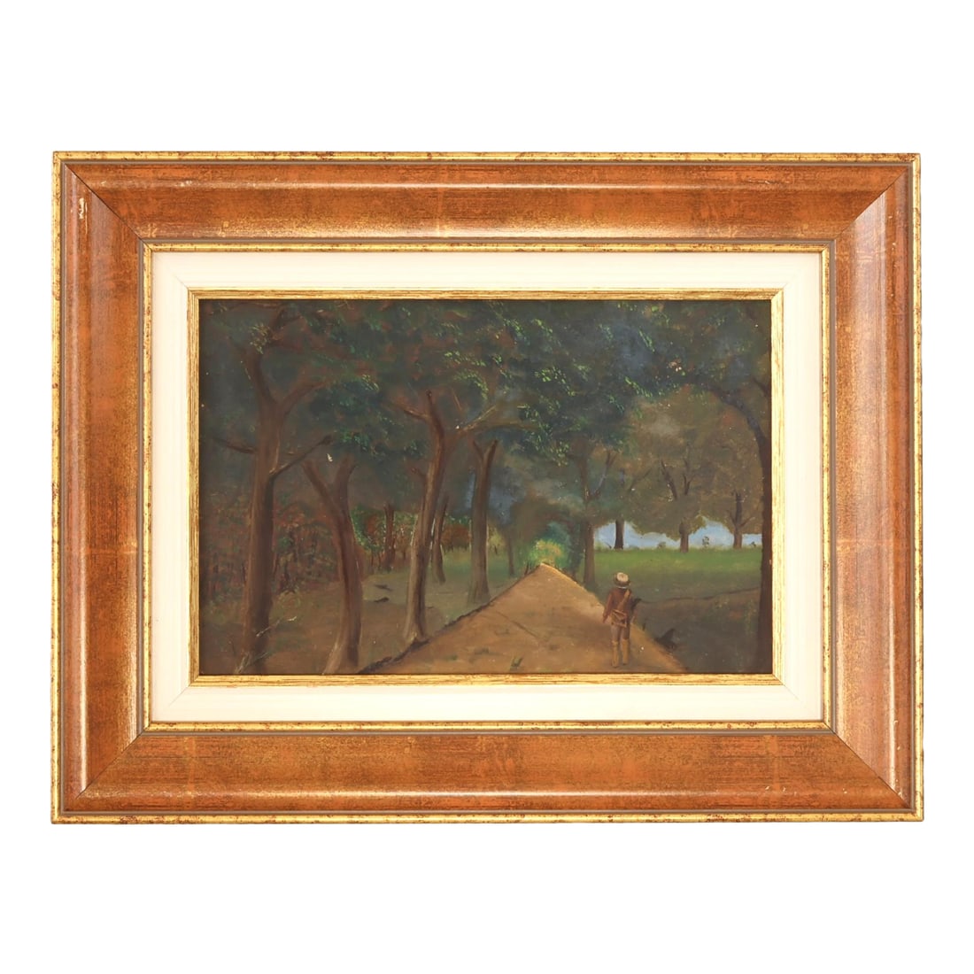 Antique French Tree-Lined Country Path Oil Painting: Antique oil on board depicting a shaded country path lined with tall trees, their branches forming a natural canopy overhead. A solitary figure, dressed in rustic attire with a hat and walking stick, 