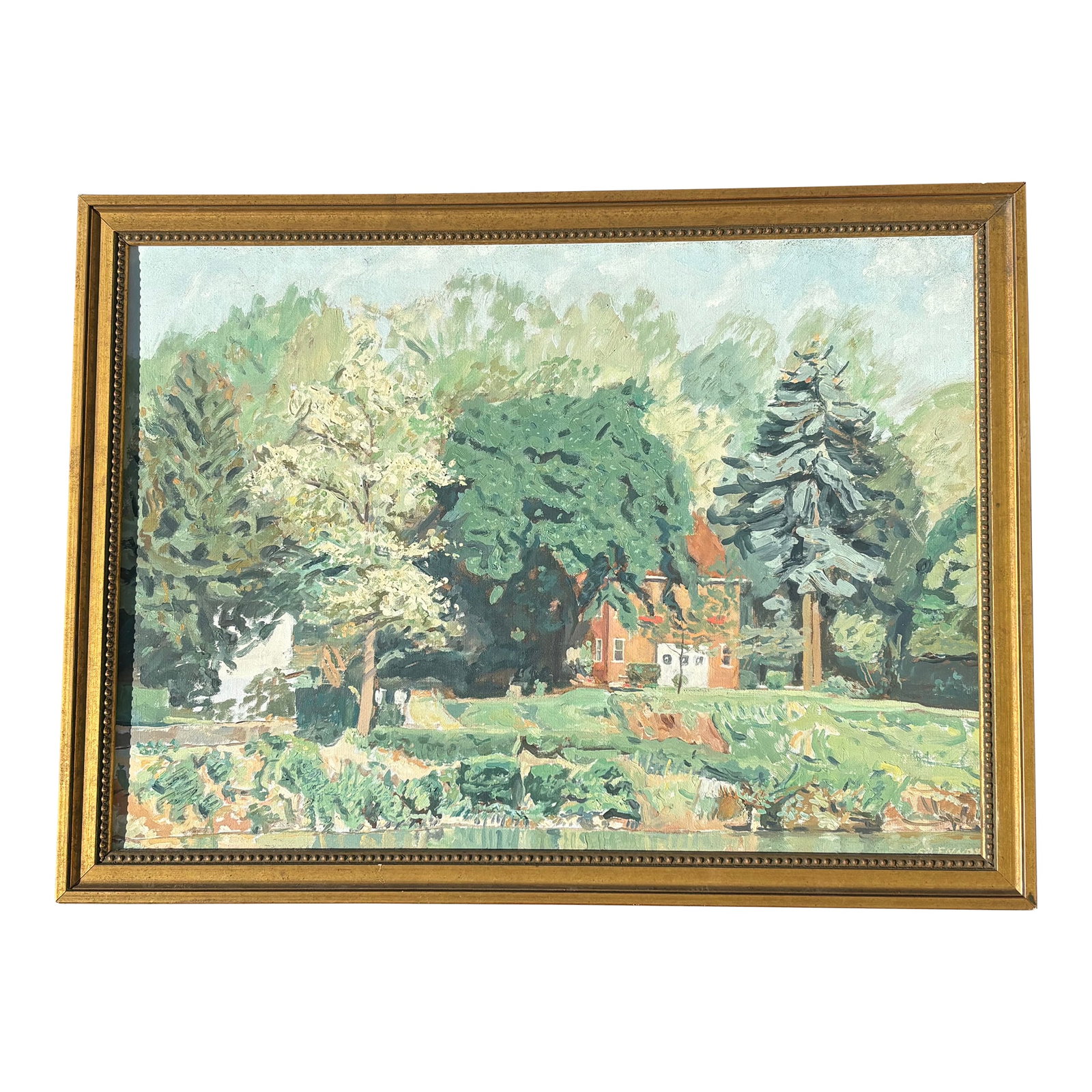 Mid 20th C. Original Oil on Canvas - Estate Landscape Scene: Handsome and beautifully executed Mid 20th Century. Estate Landscape. American Impressionist style, with a 20th boost of color and slightly more modern brushstrokes. A fine home, dependencies, gorgeou