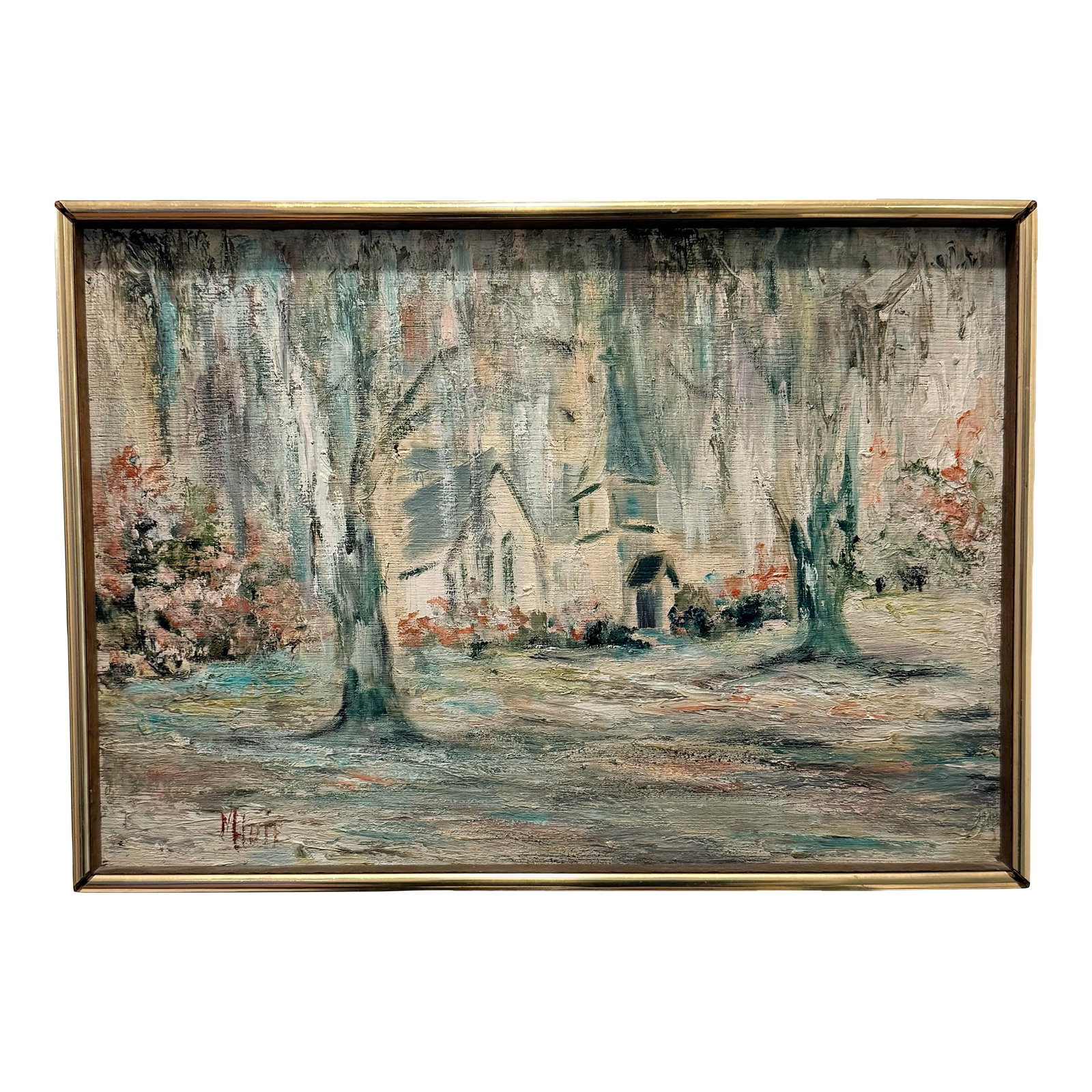 Mid-Century Impressionist Church Landscape Oil Painting - Christ Church Sea Island Georgia - Signed: A beautifully atmospheric mid-century impressionist landscape depicting historic Christ Church near Sea Island, Georgia, rendered in soft coastal tones of sage, muted teal, warm stone, and coral