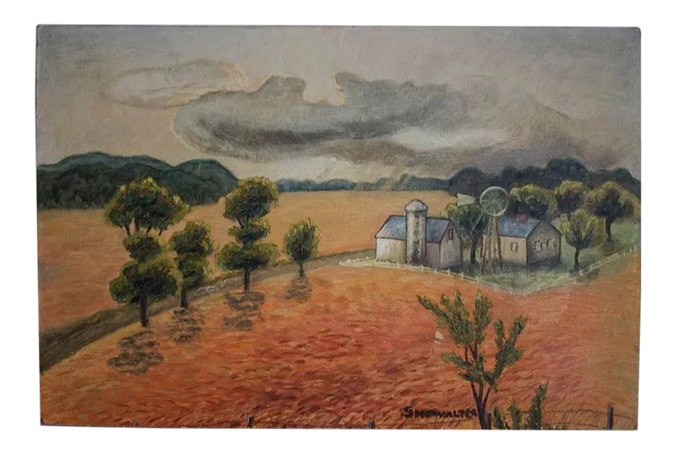 Oil Painting Farm House Scene - Signed Showalter: Mid-Century farm scene oil painting on board signed Showalter on lower right corner. Mrs. Ethel Showalter lived in Maine & Kokomo Indiana at 1812 S. Main Street. She participated in local art shows in