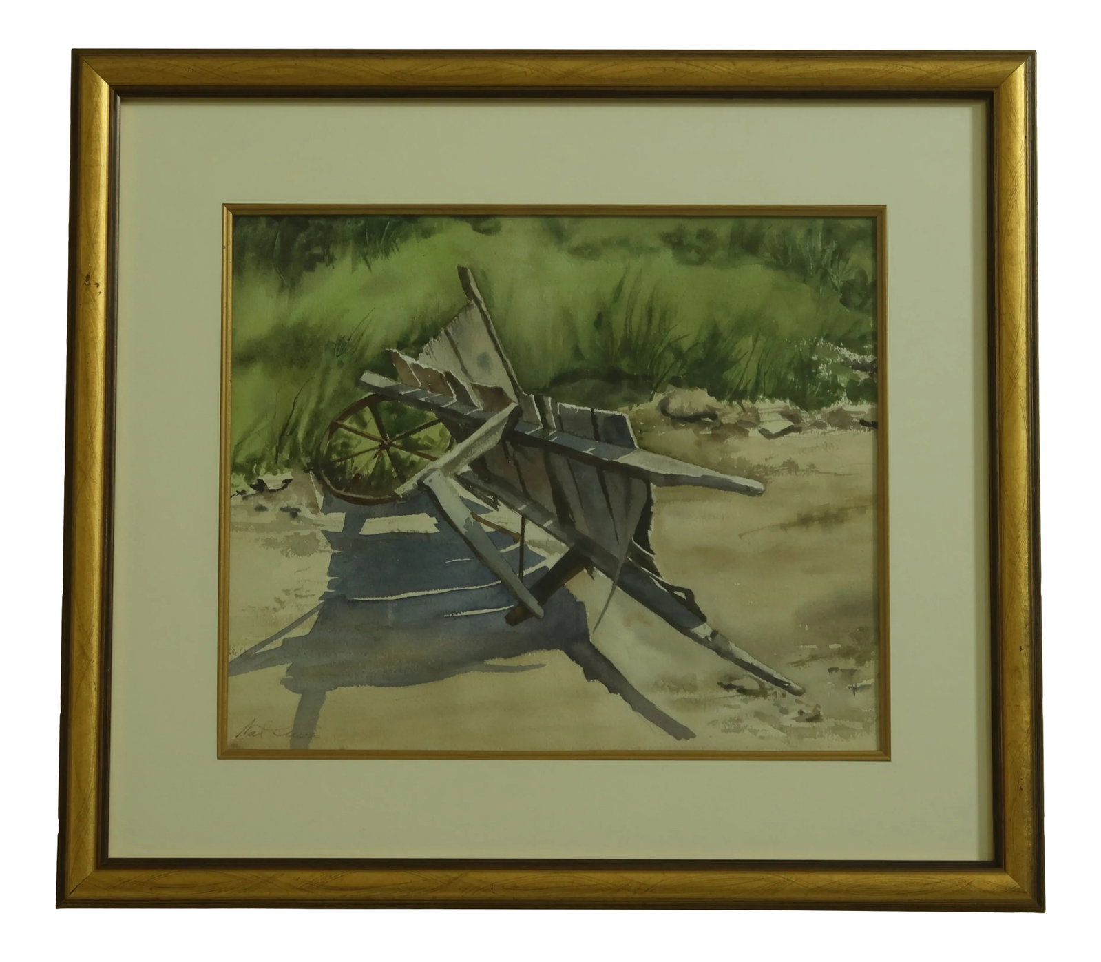 Nat Davis Signed Watercolor of Wheelbarrow: Approx: 30 Years Old High Quality Construction Well Done Nice Gold Frame Professionally Framed & Matted Artist Signed UPS $30 Condition: Excellent Super Clean Original Finish & Condition Size: 24.5 x