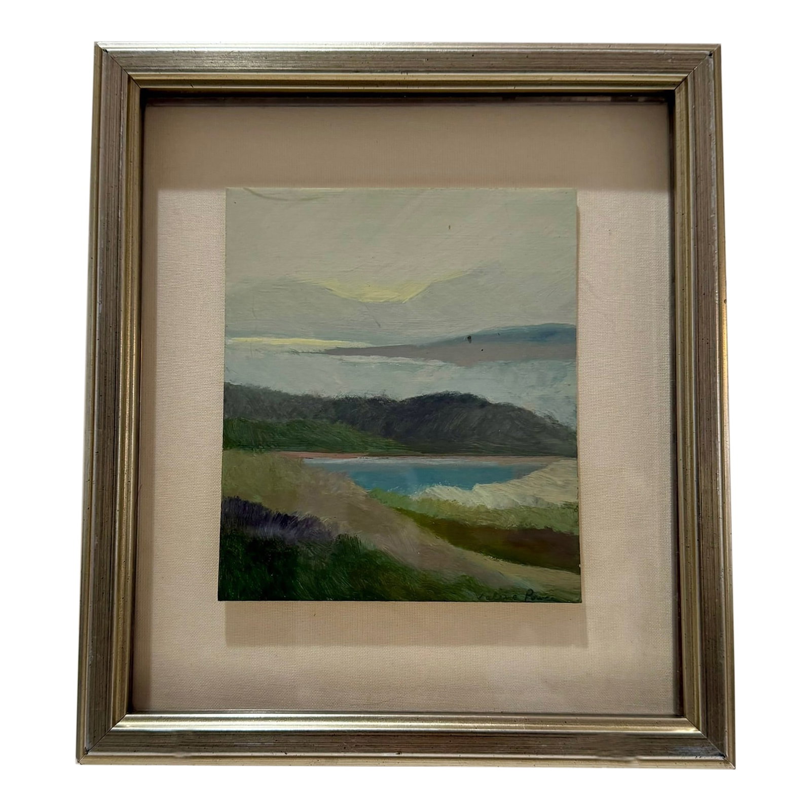Vintage Signed Landscape Oil Painting, Framed, Small Scale: A refined vintage landscape oil painting featuring softly layered hills, water, and sky rendered in muted, atmospheric tones. The composition has a quiet, contemplative quality, with subtle color