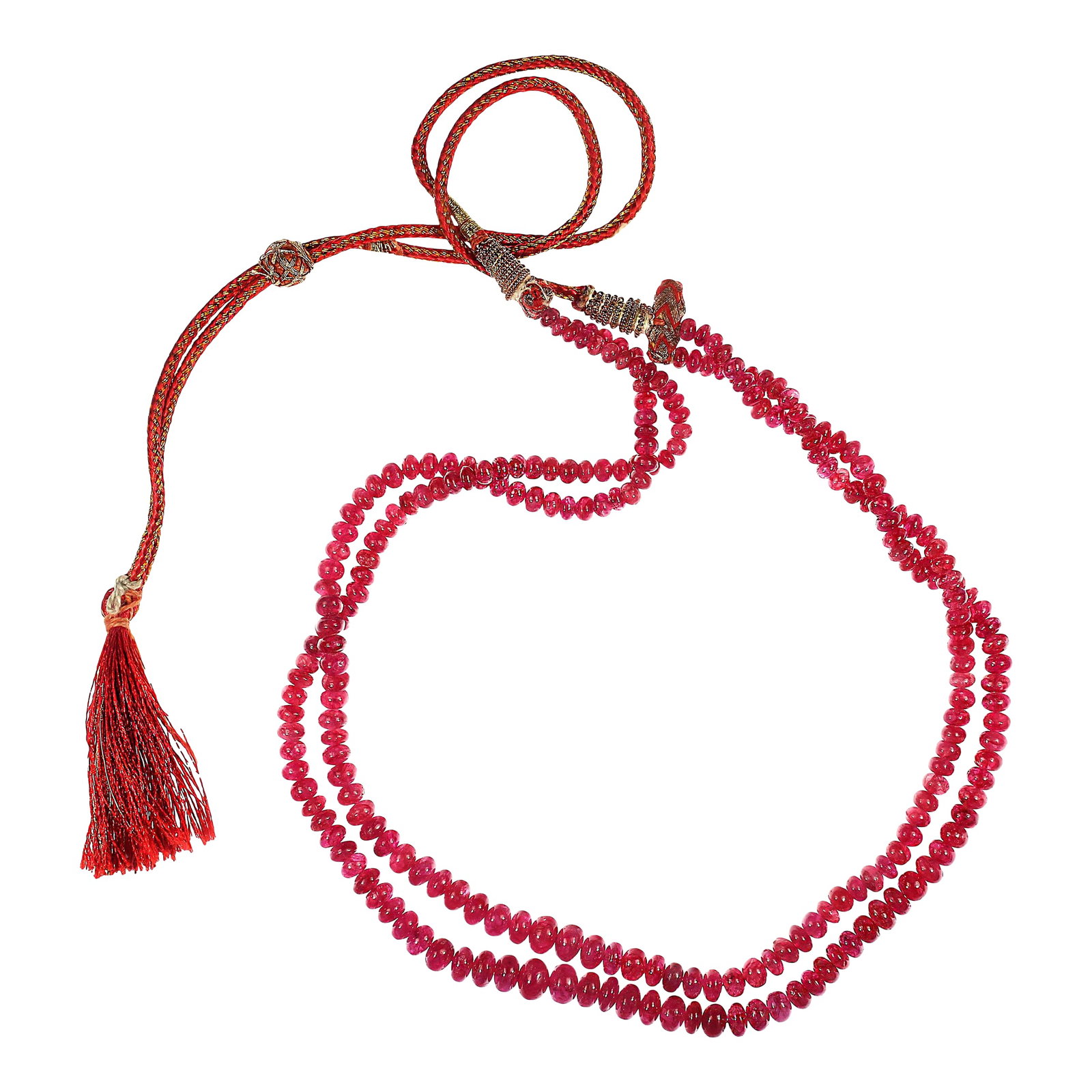 Ajd Two Strand Graduated Glowing Ruby Rondel Necklace: This exquisite two-strand ruby necklace showcases a glowing array of graduated, smooth rondel-shaped rubies ranging from 4.5mm to 8mm. Each ruby has been expertly heat-treated to enhance its
