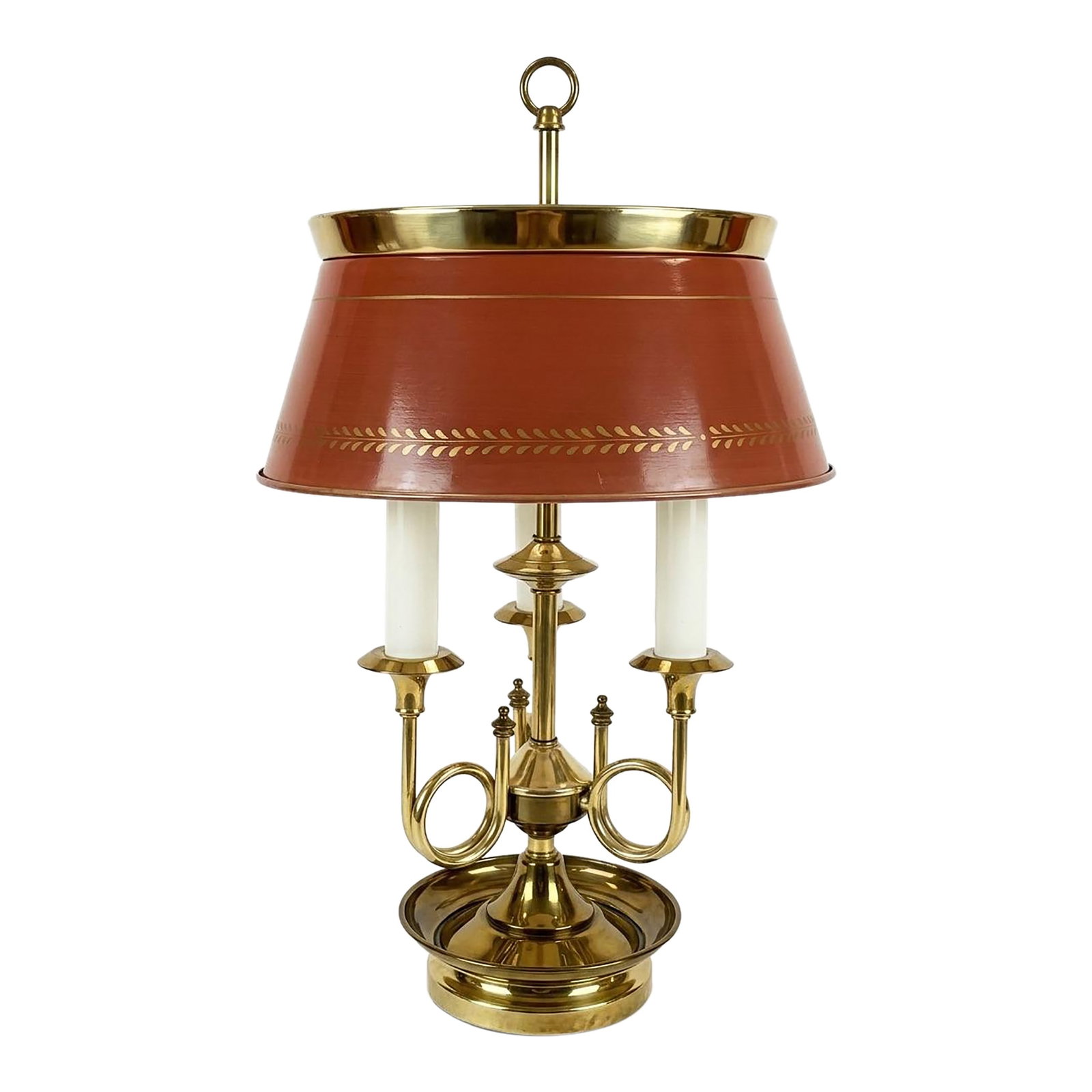1960s Maison Janson Style Brass and Red Toleware Bouillotte Table Lamp: At Turtle and Crane, our motto is Turning the Past into Stunning Decor for Today, this classic mid-century French Bouillotte-style table lamp is a masterclass in timeless sophistication. Featuring a
