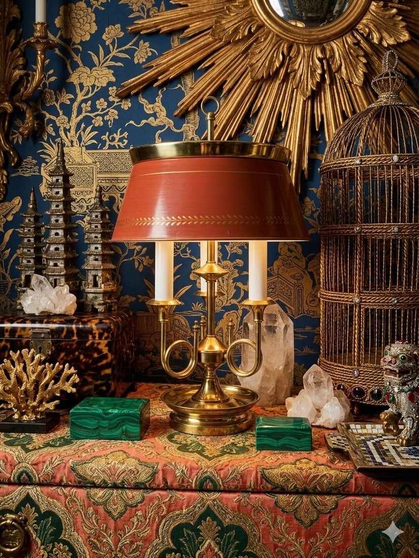 1960s Maison Janson Style Brass and Red Toleware Bouillotte Table Lamp - 2