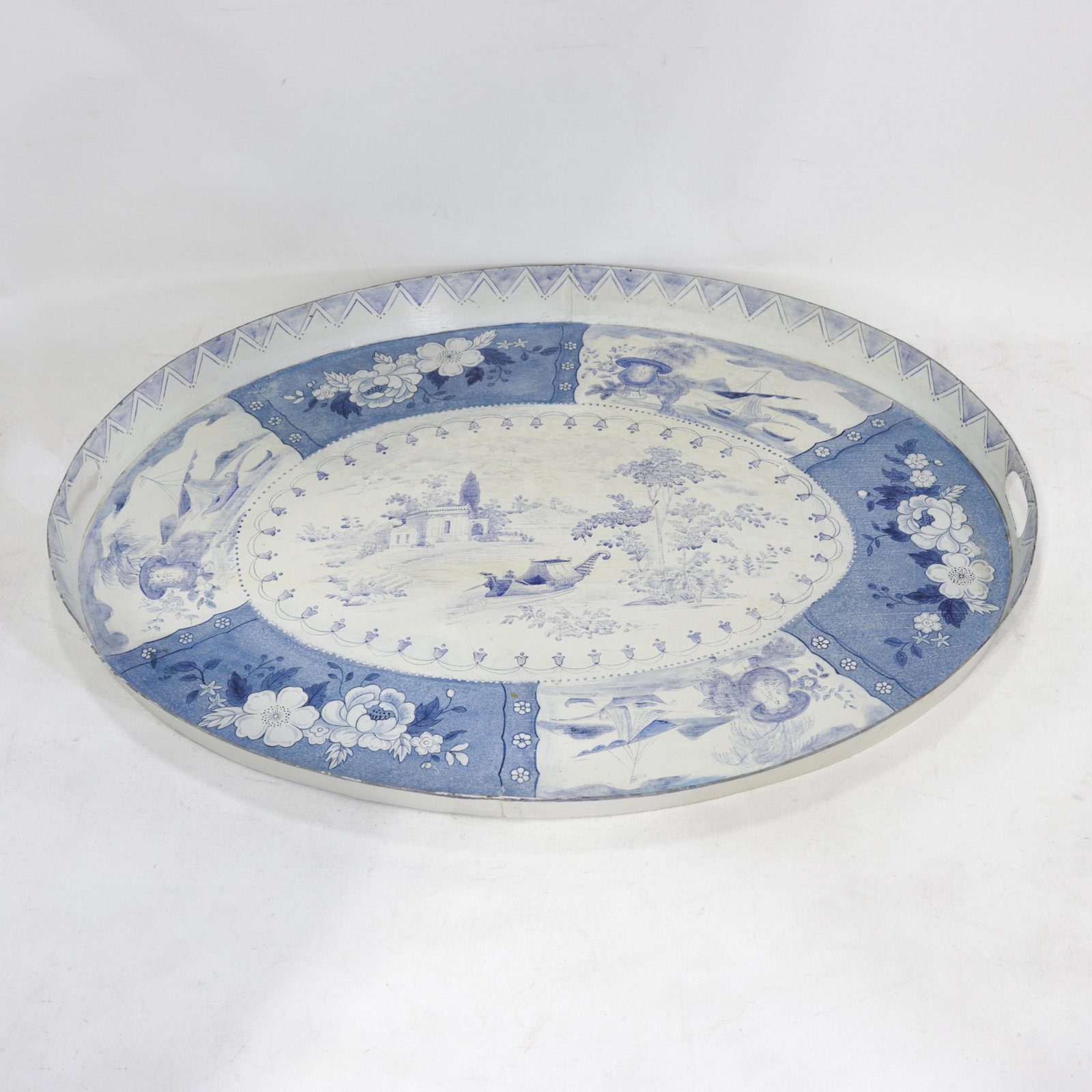 Vintage Blue and White Tole Tray - Hand Painted Chinoiserie Landscape and Floral Oval Serving Tray - 10