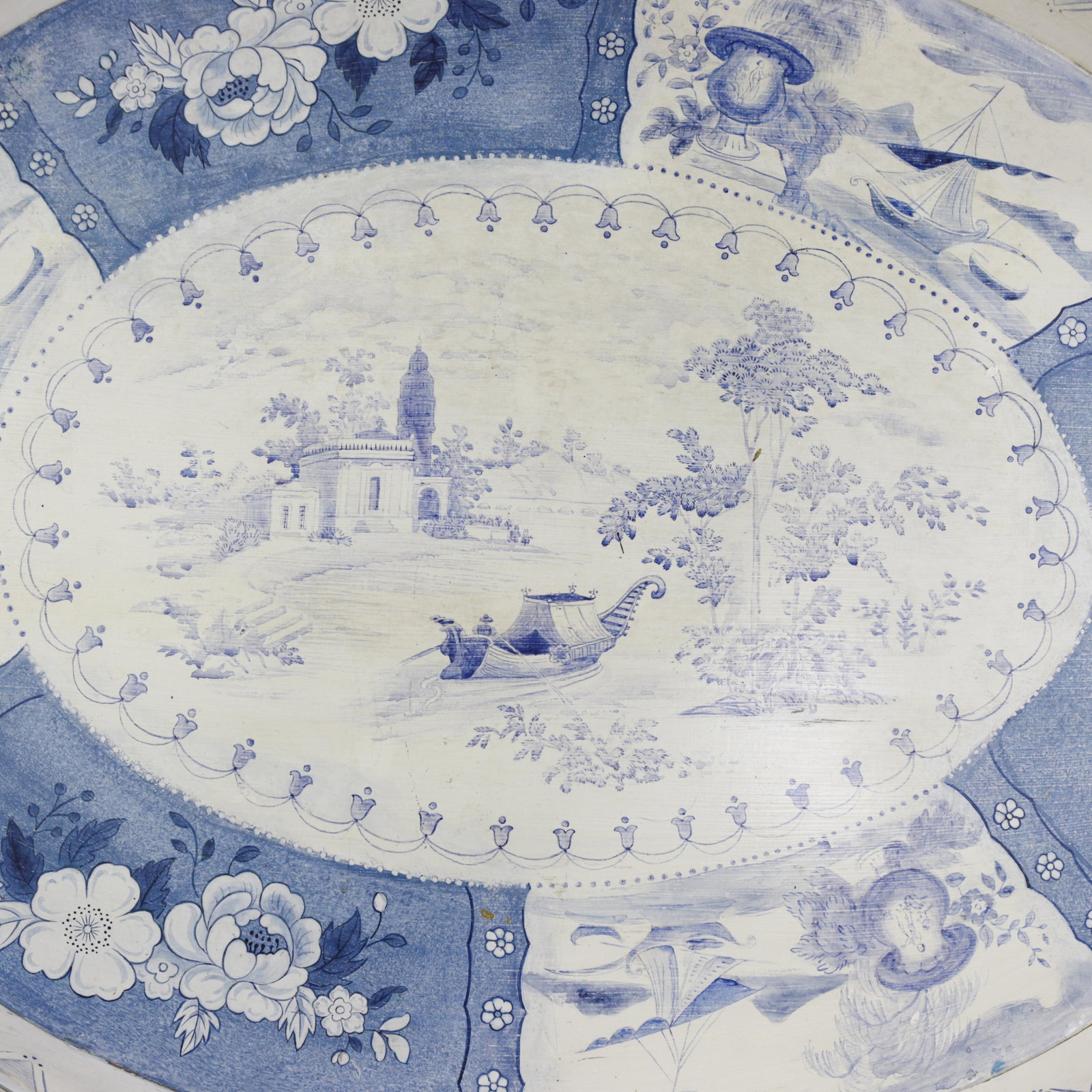 Vintage Blue and White Tole Tray - Hand Painted Chinoiserie Landscape and Floral Oval Serving Tray - 11