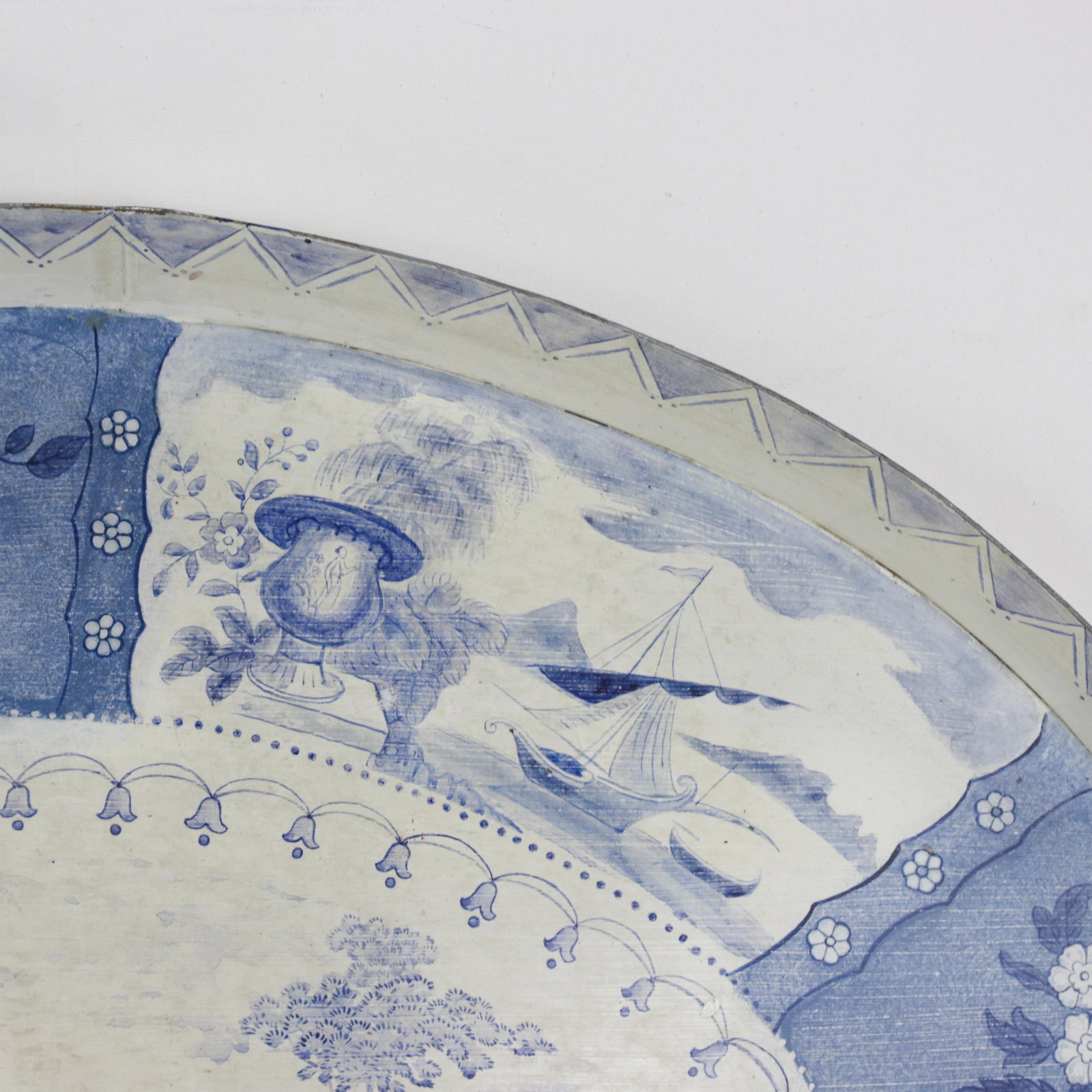 Vintage Blue and White Tole Tray - Hand Painted Chinoiserie Landscape and Floral Oval Serving Tray - 12