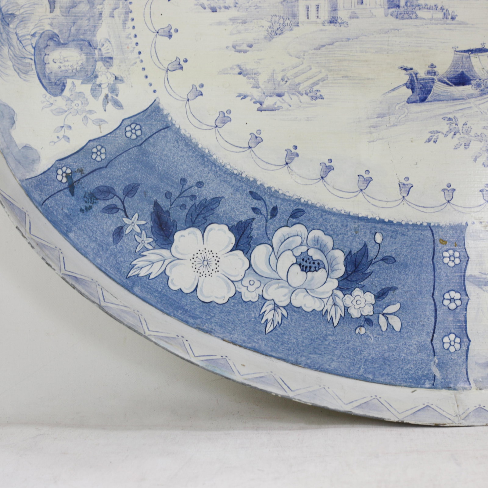 Vintage Blue and White Tole Tray - Hand Painted Chinoiserie Landscape and Floral Oval Serving Tray - 13