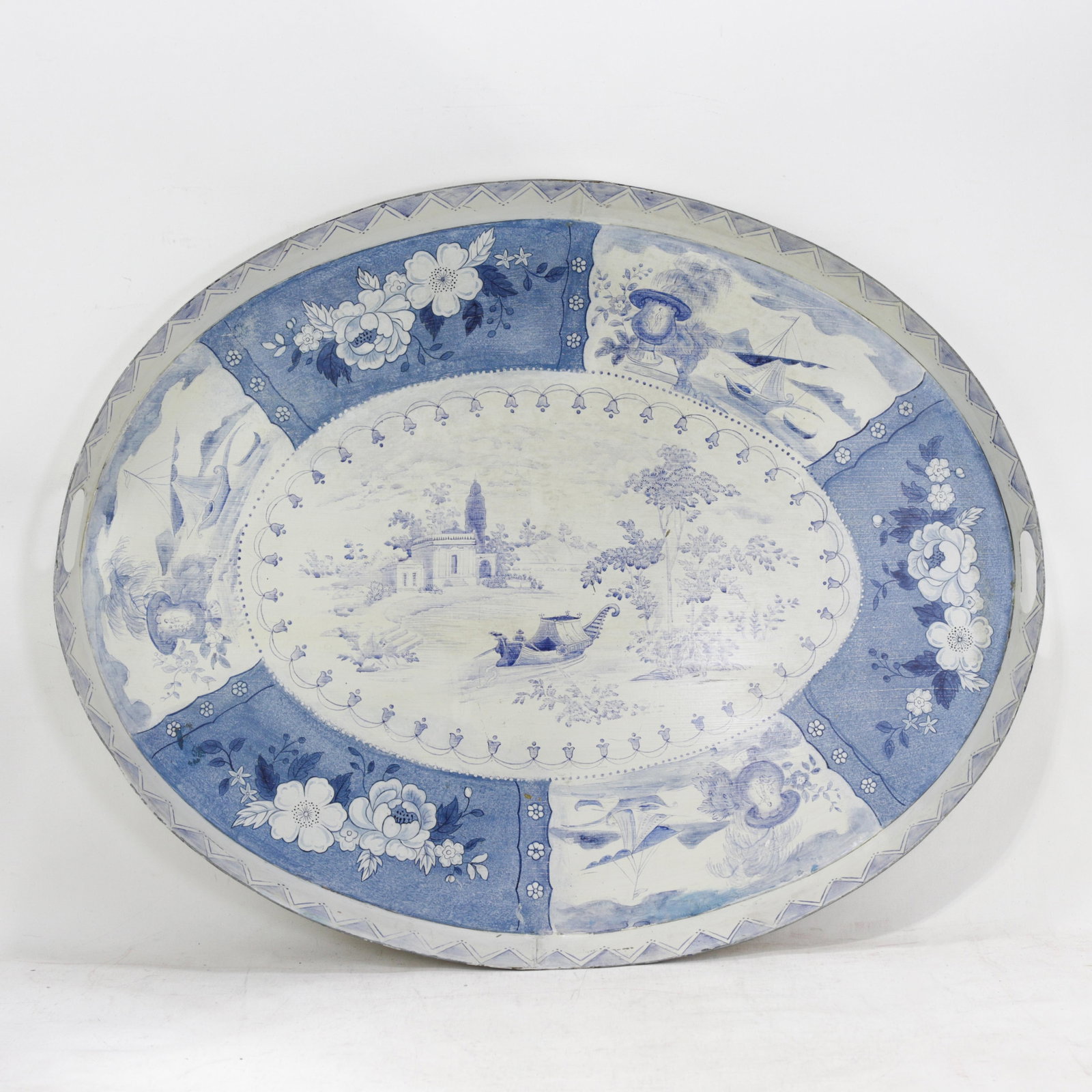 Vintage Blue and White Tole Tray - Hand Painted Chinoiserie Landscape and Floral Oval Serving Tray - 16