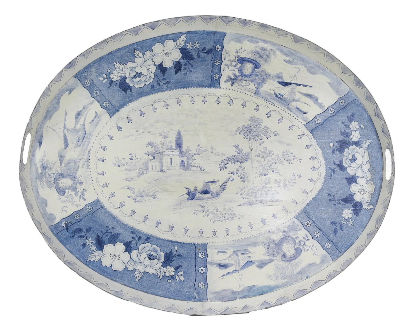 Vintage Blue and White Tole Tray - Hand Painted Chinoiserie Landscape and Floral Oval Serving Tray (1 of 16)