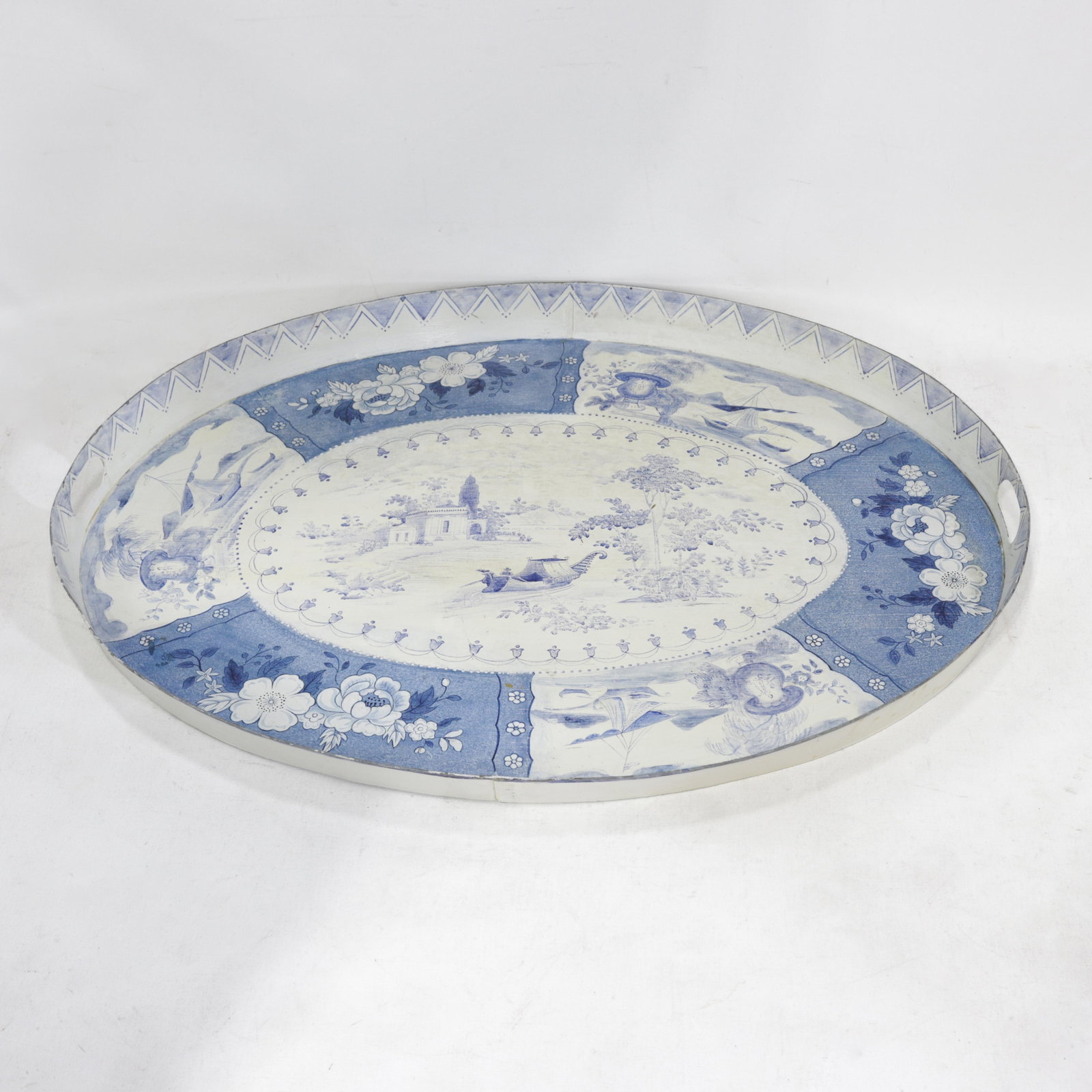 Vintage Blue and White Tole Tray - Hand Painted Chinoiserie Landscape and Floral Oval Serving Tray - 2