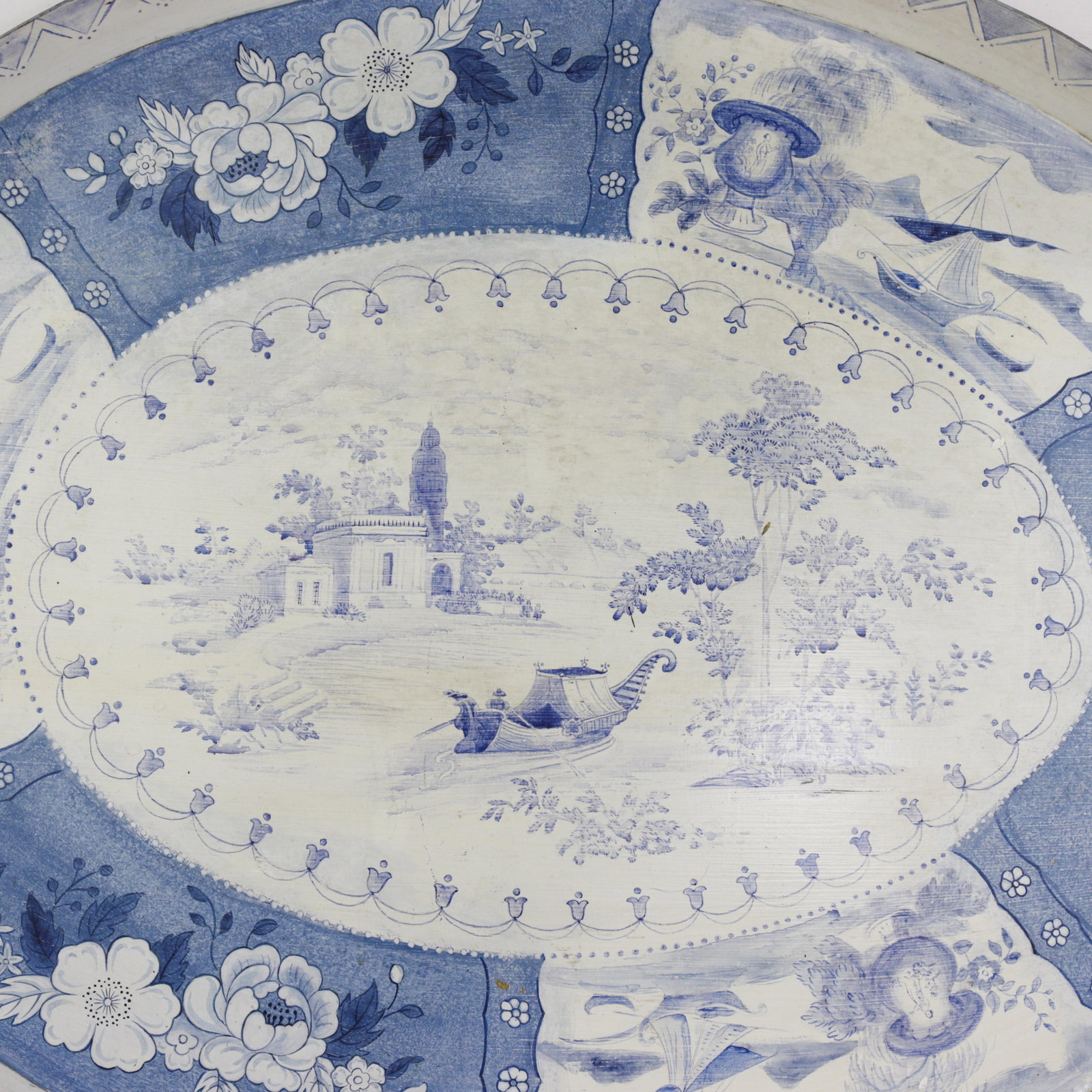 Vintage Blue and White Tole Tray - Hand Painted Chinoiserie Landscape and Floral Oval Serving Tray - 3