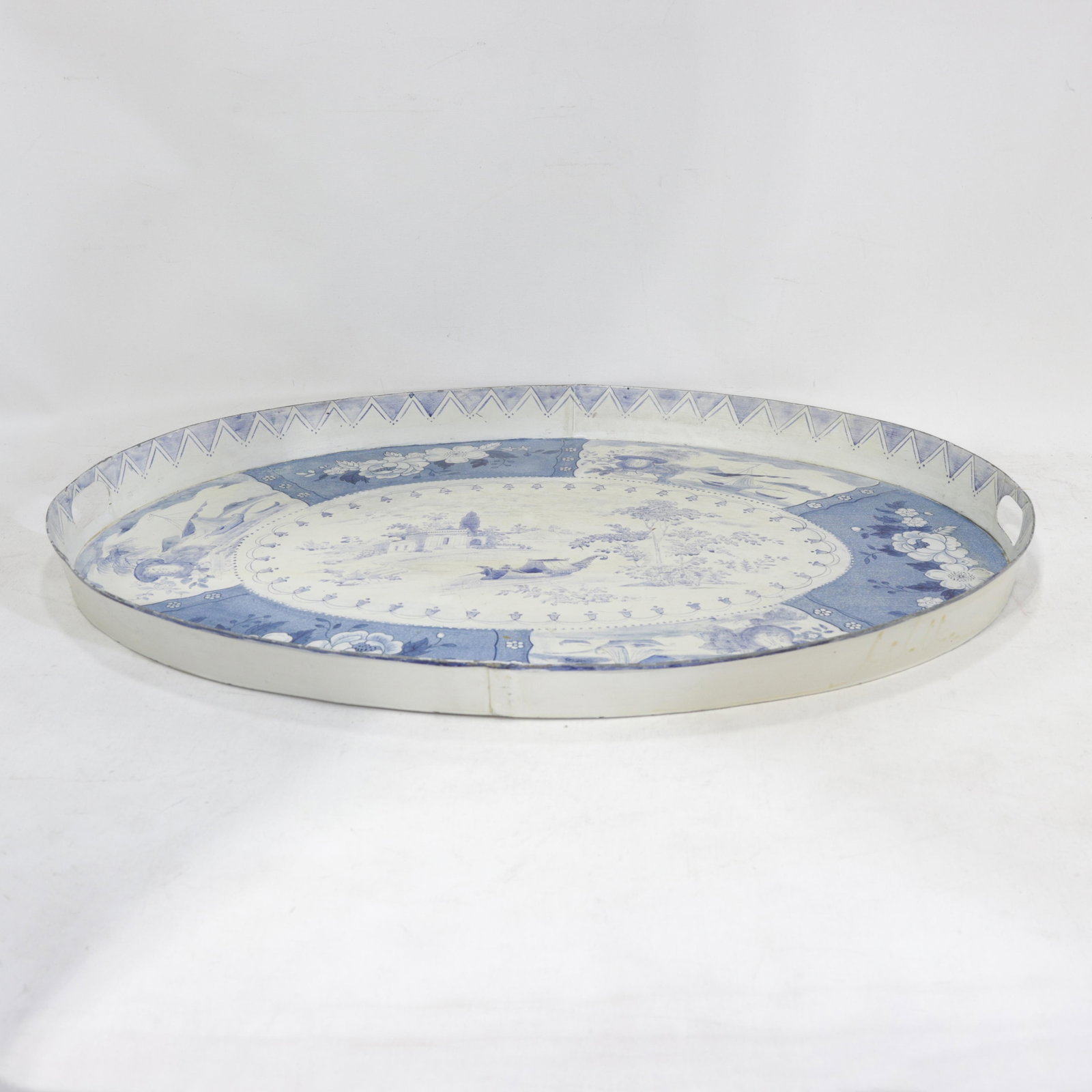 Vintage Blue and White Tole Tray - Hand Painted Chinoiserie Landscape and Floral Oval Serving Tray - 4