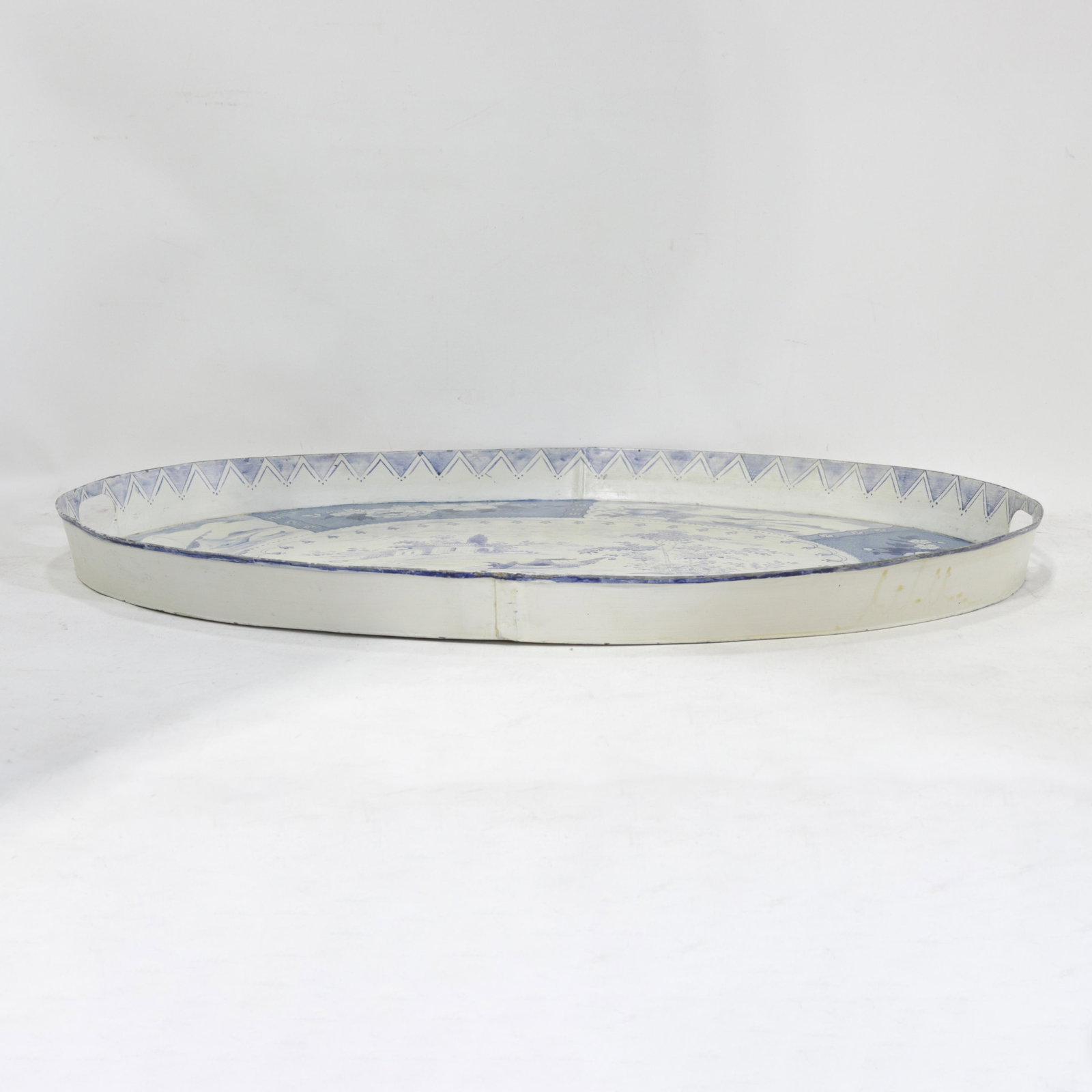 Vintage Blue and White Tole Tray - Hand Painted Chinoiserie Landscape and Floral Oval Serving Tray - 5