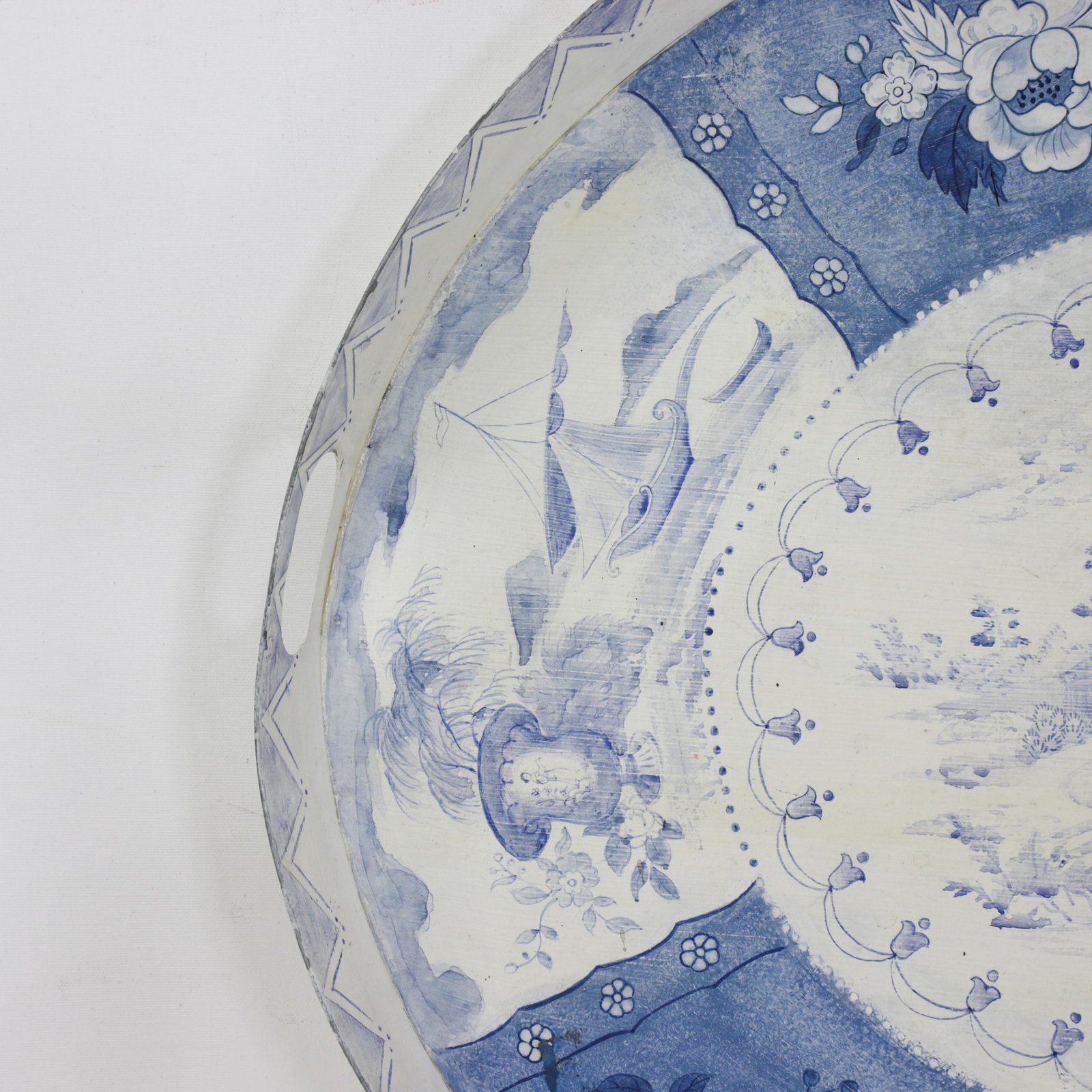 Vintage Blue and White Tole Tray - Hand Painted Chinoiserie Landscape and Floral Oval Serving Tray - 6