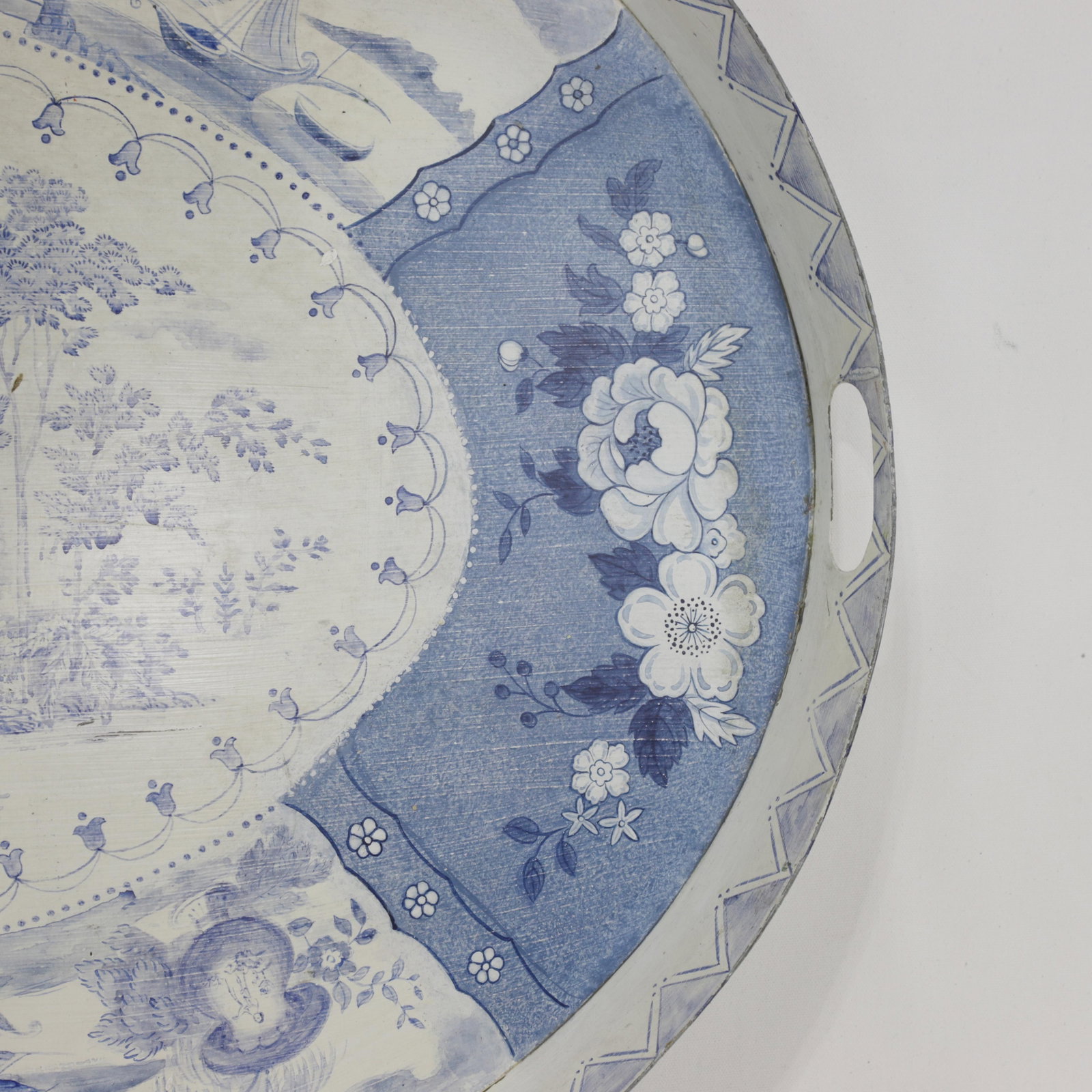 Vintage Blue and White Tole Tray - Hand Painted Chinoiserie Landscape and Floral Oval Serving Tray - 7