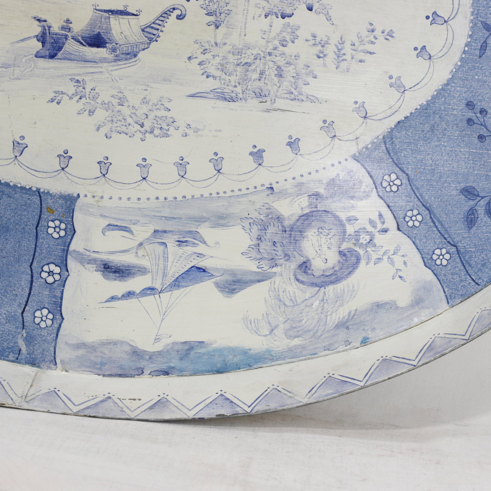 Vintage Blue and White Tole Tray - Hand Painted Chinoiserie Landscape and Floral Oval Serving Tray - 8