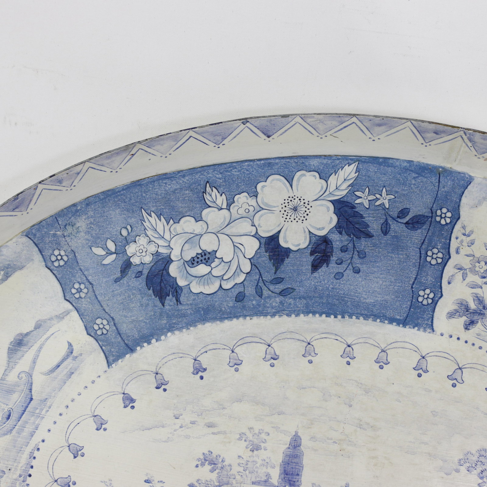 Vintage Blue and White Tole Tray - Hand Painted Chinoiserie Landscape and Floral Oval Serving Tray - 9