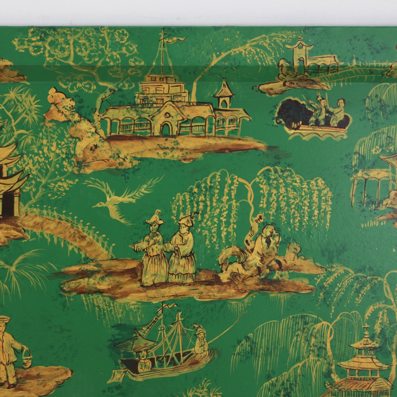 Vintage Hand Painted Chinoiserie Tole Tray Emerald Green and Gold Lacquer Rectangular Serving Tray - 10