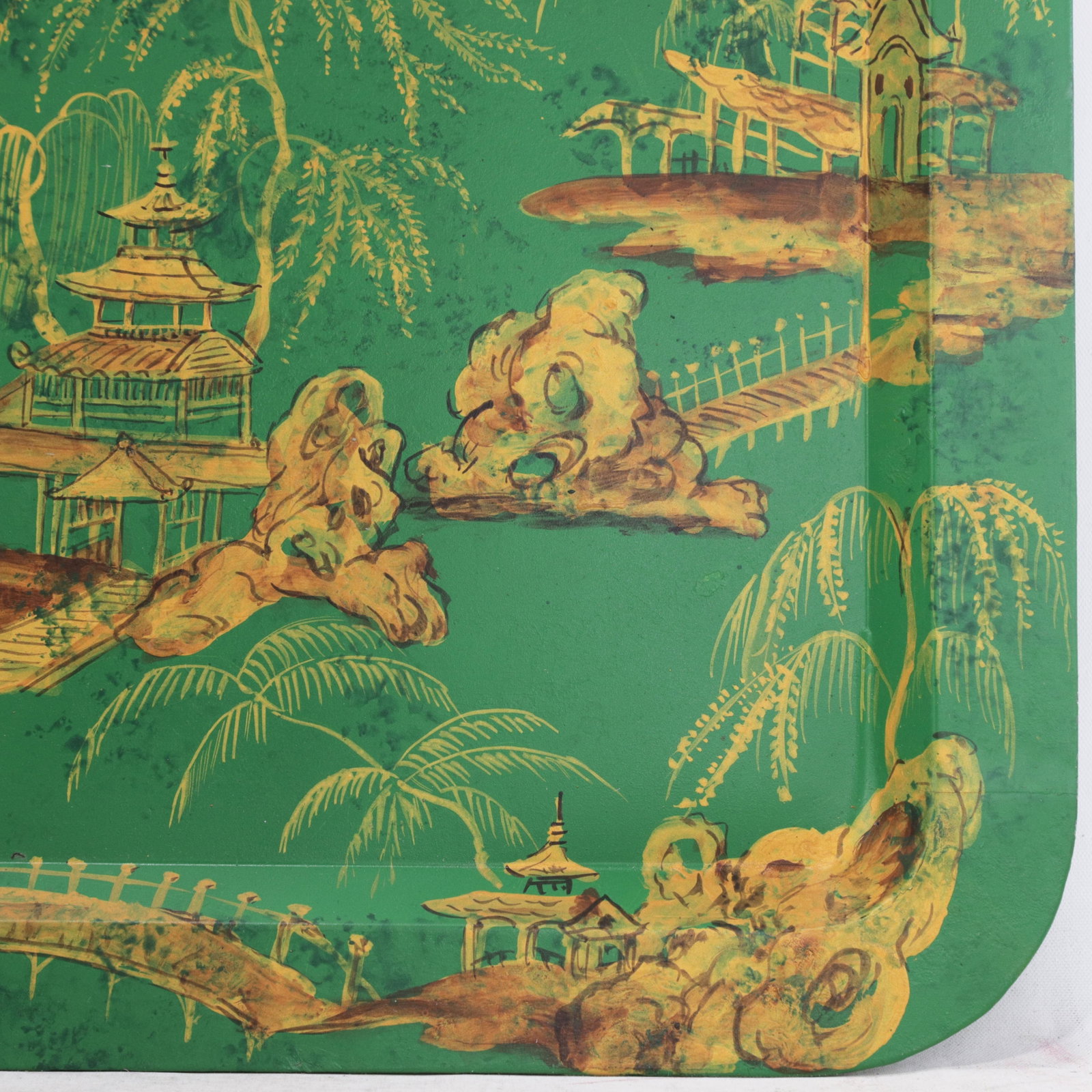 Vintage Hand Painted Chinoiserie Tole Tray Emerald Green and Gold Lacquer Rectangular Serving Tray - 11
