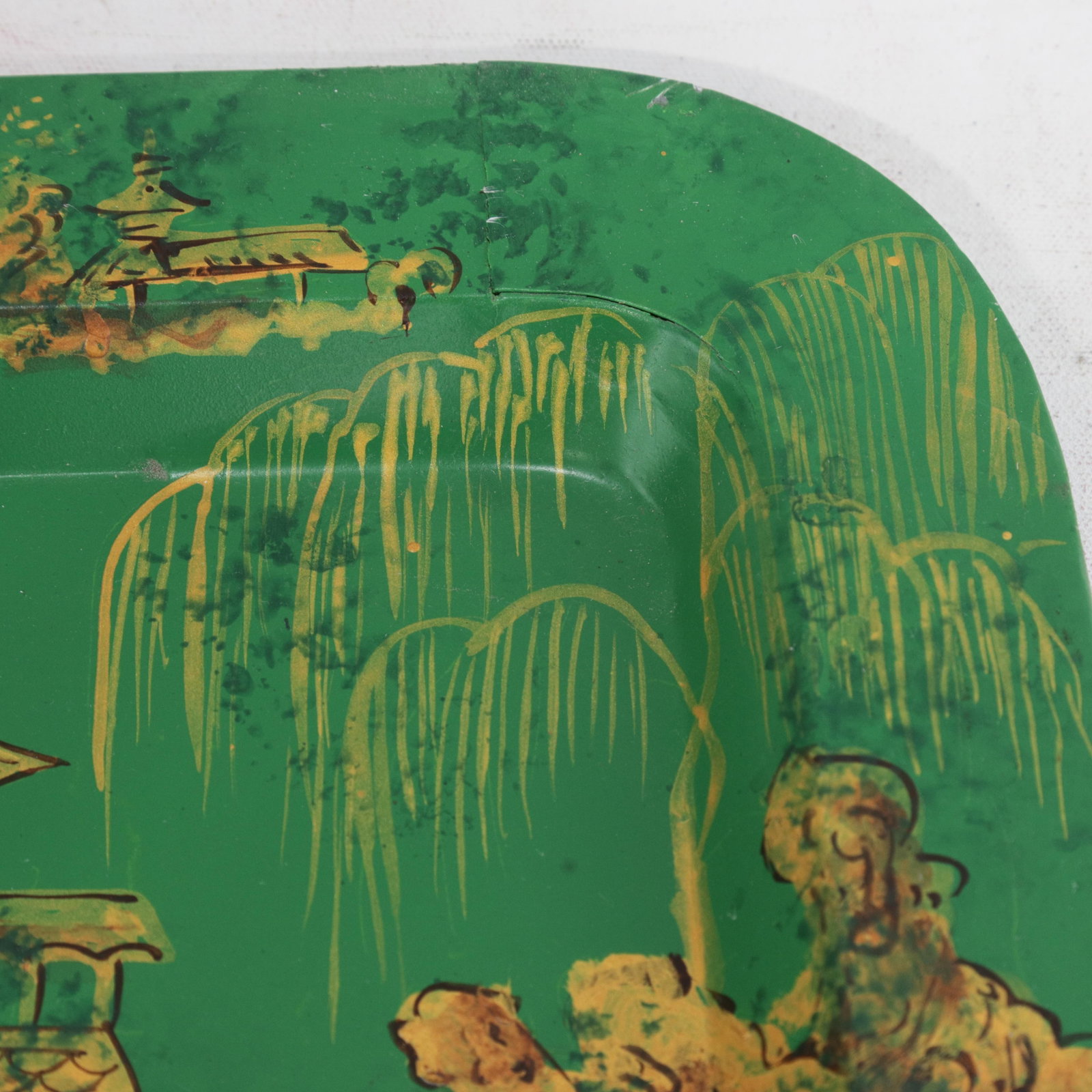 Vintage Hand Painted Chinoiserie Tole Tray Emerald Green and Gold Lacquer Rectangular Serving Tray - 12
