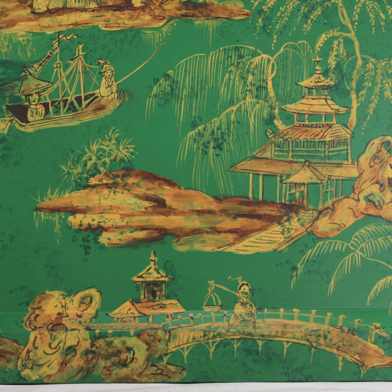 Vintage Hand Painted Chinoiserie Tole Tray Emerald Green and Gold Lacquer Rectangular Serving Tray - 13