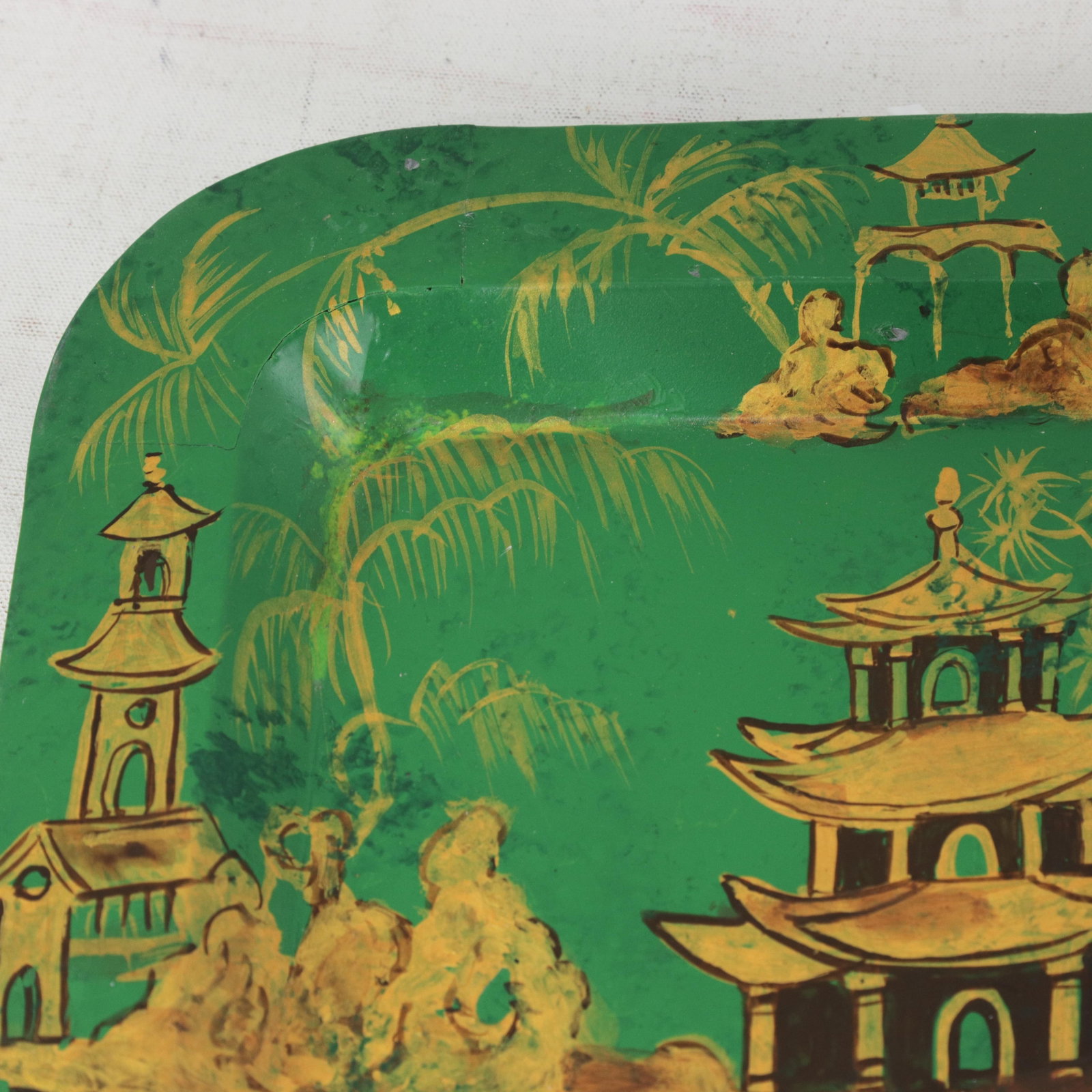 Vintage Hand Painted Chinoiserie Tole Tray Emerald Green and Gold Lacquer Rectangular Serving Tray - 14