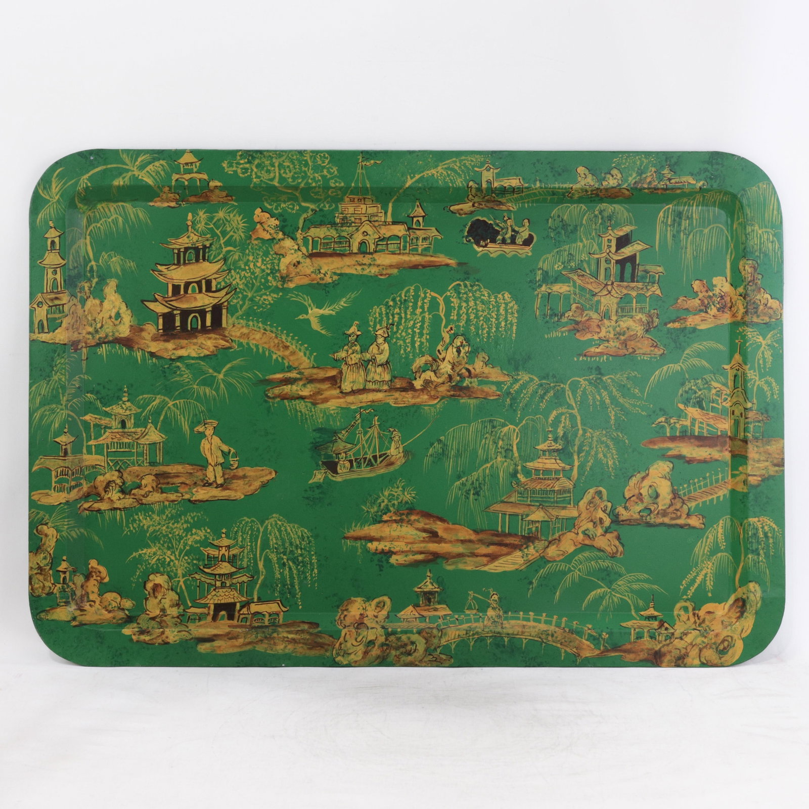 Vintage Hand Painted Chinoiserie Tole Tray Emerald Green and Gold Lacquer Rectangular Serving Tray - 16