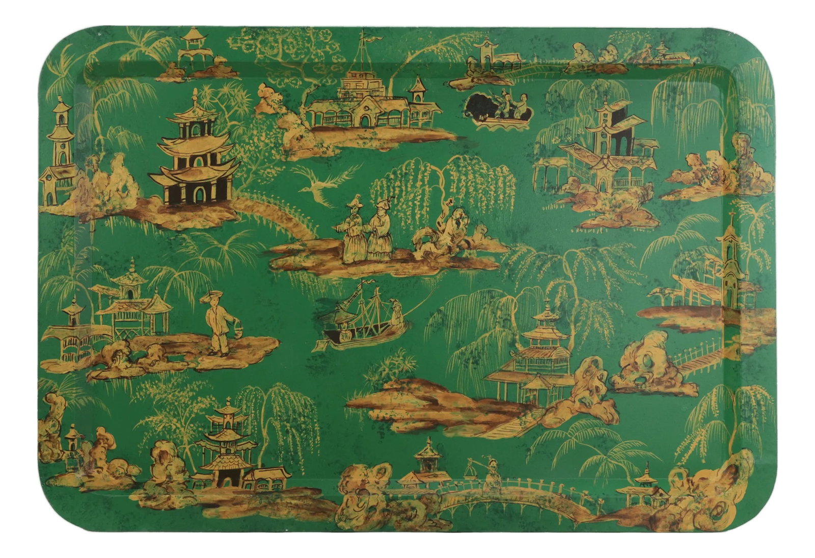 Vintage Hand Painted Chinoiserie Tole Tray Emerald Green and Gold Lacquer Rectangular Serving Tray: This stunning vintage hand-painted Chinoiserie tole tray features a vibrant emerald green lacquer finish adorned with an intricate, all-over golden landscape. The detailed scene captures a classic ori
