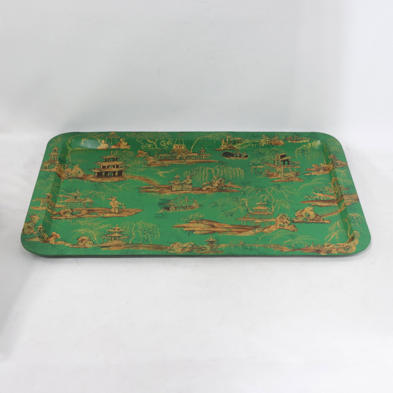 Vintage Hand Painted Chinoiserie Tole Tray Emerald Green and Gold Lacquer Rectangular Serving Tray - 2