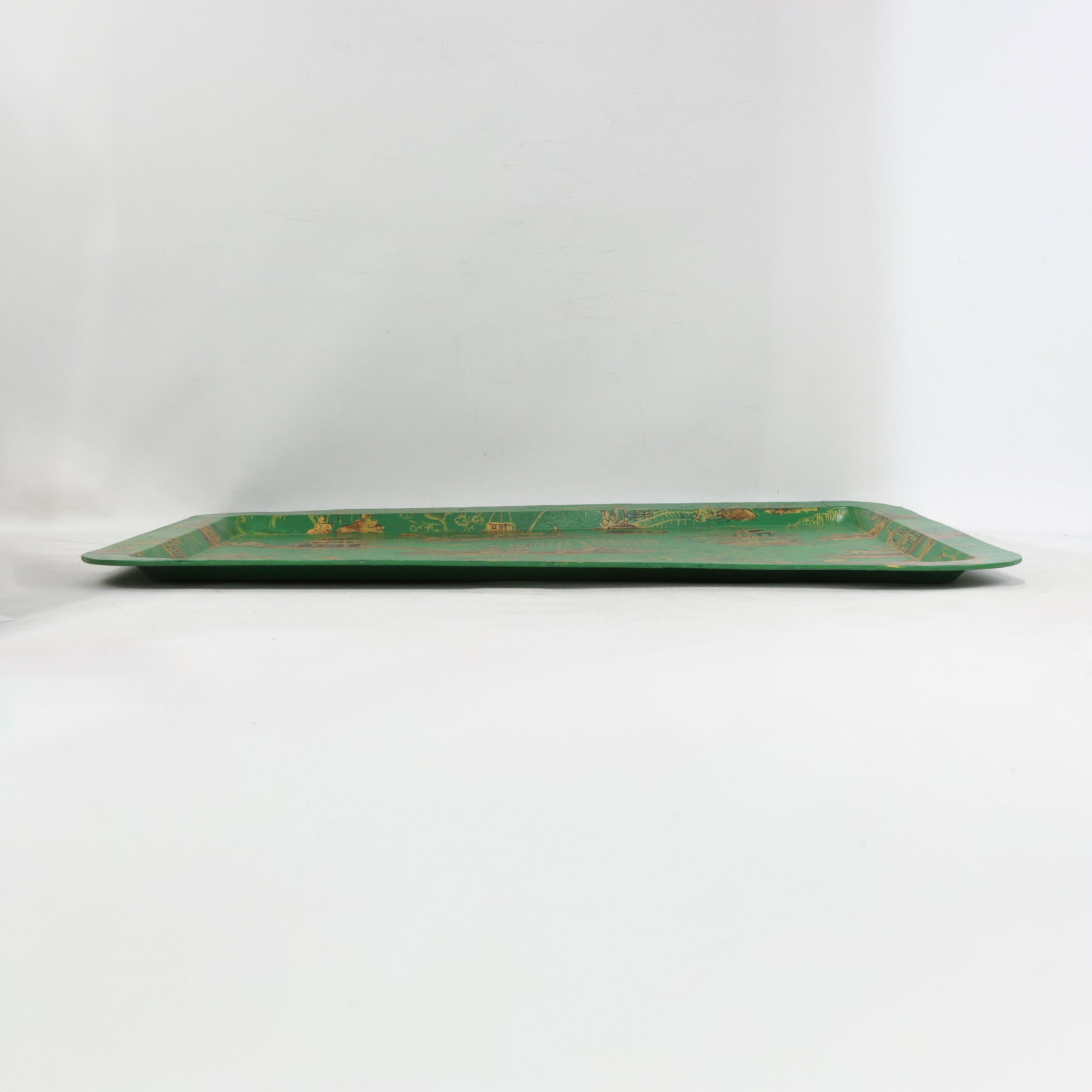 Vintage Hand Painted Chinoiserie Tole Tray Emerald Green and Gold Lacquer Rectangular Serving Tray - 3