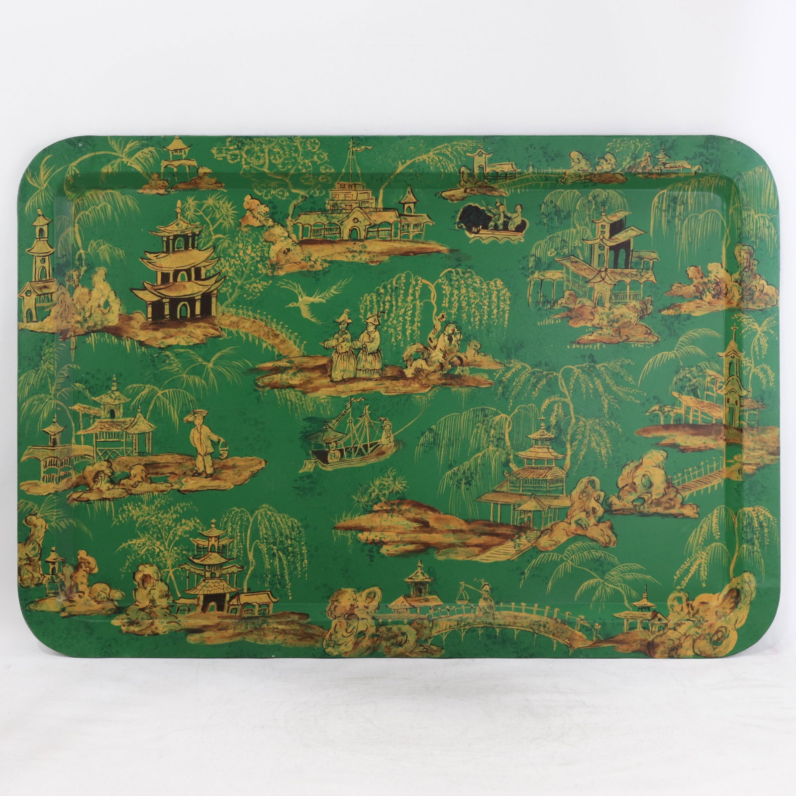 Vintage Hand Painted Chinoiserie Tole Tray Emerald Green and Gold Lacquer Rectangular Serving Tray - 4