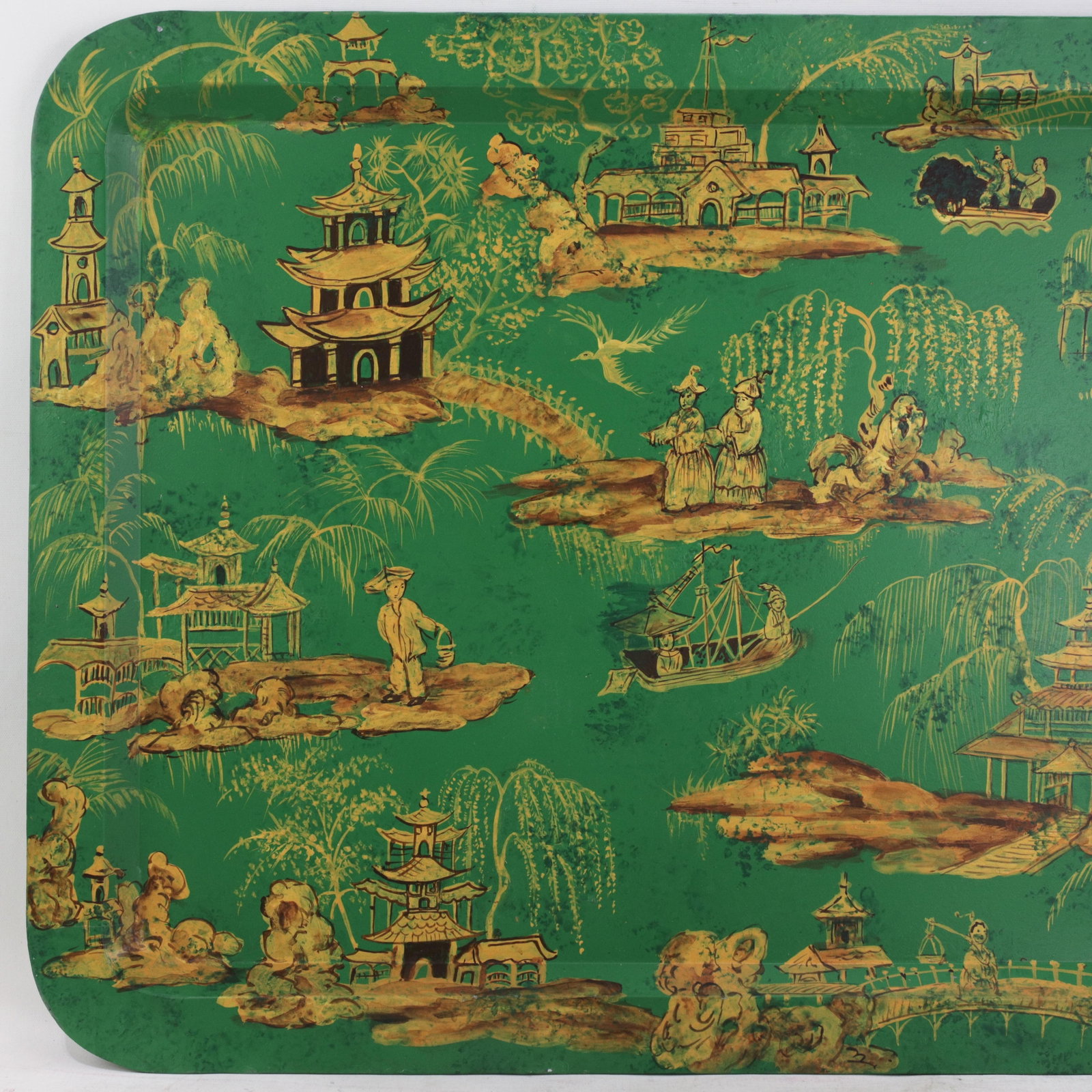 Vintage Hand Painted Chinoiserie Tole Tray Emerald Green and Gold Lacquer Rectangular Serving Tray - 5