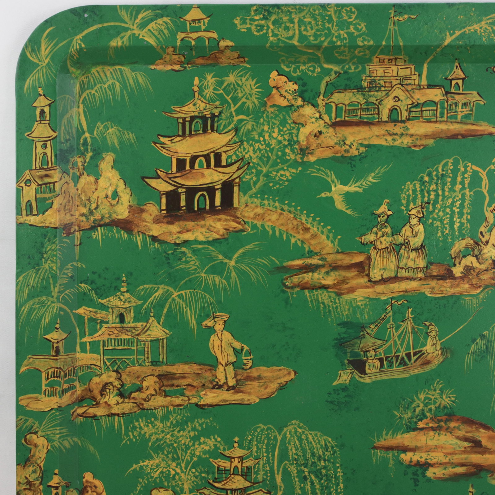 Vintage Hand Painted Chinoiserie Tole Tray Emerald Green and Gold Lacquer Rectangular Serving Tray - 6