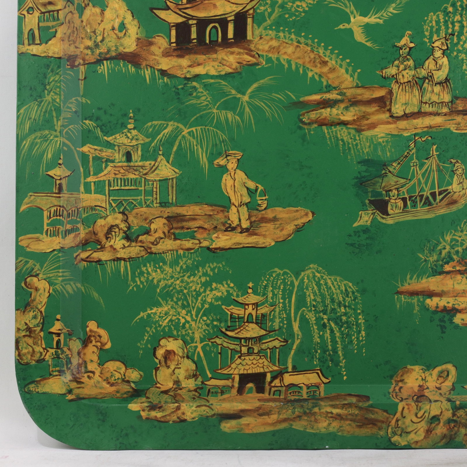 Vintage Hand Painted Chinoiserie Tole Tray Emerald Green and Gold Lacquer Rectangular Serving Tray - 7