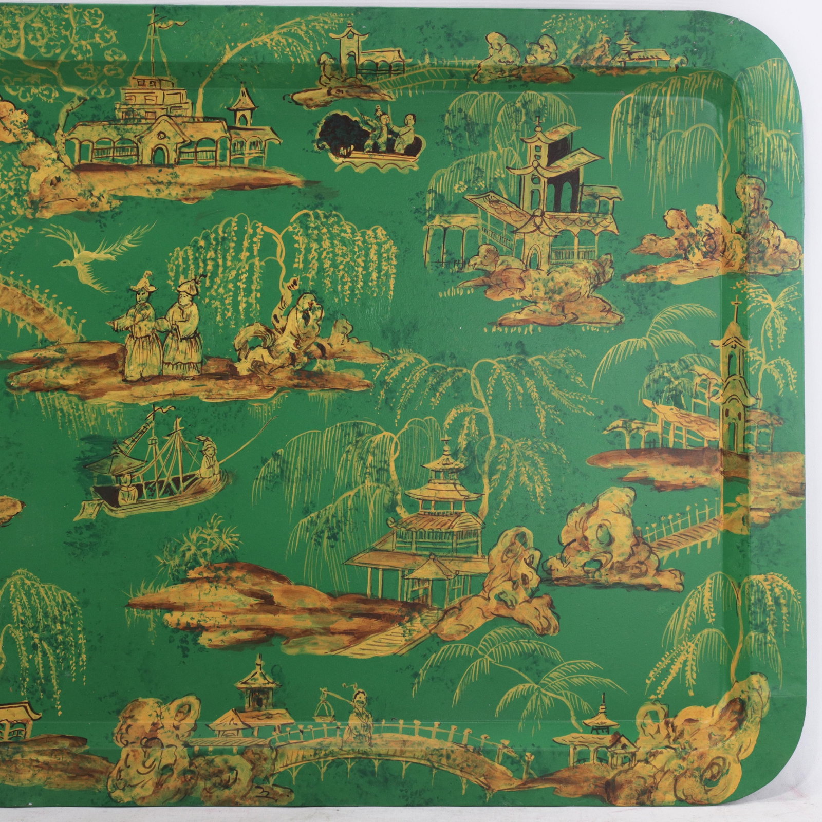 Vintage Hand Painted Chinoiserie Tole Tray Emerald Green and Gold Lacquer Rectangular Serving Tray - 8