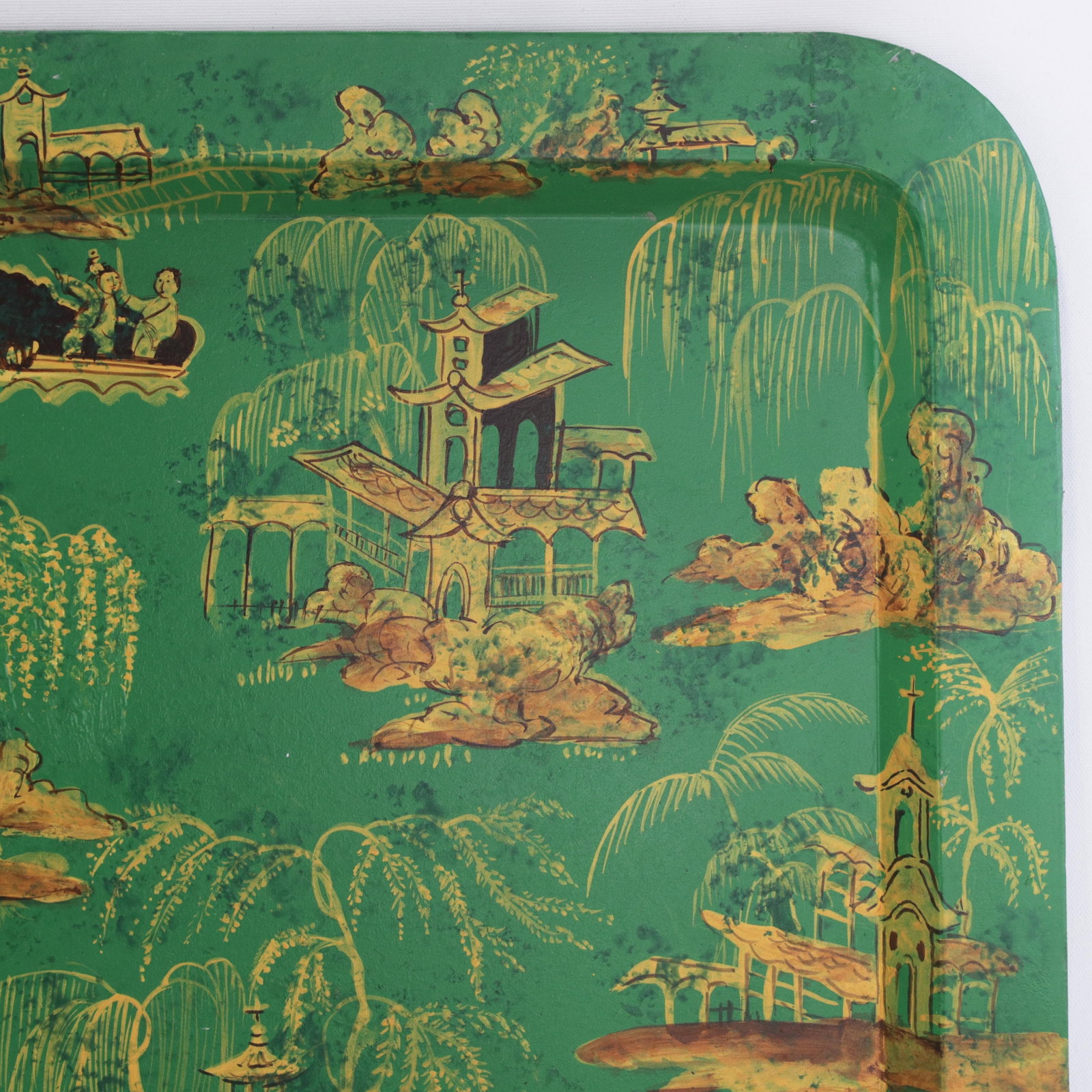 Vintage Hand Painted Chinoiserie Tole Tray Emerald Green and Gold Lacquer Rectangular Serving Tray - 9