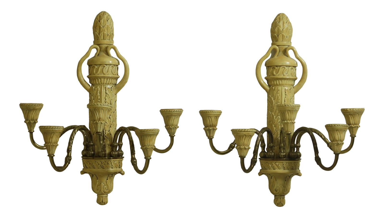 Pair Maitland Smith Decorative Candelabra Wall Sconces: Approx: 20 Years Old Quality Construction Creme Paint Decorated Finish Brass Arms Condition: Excellent Original Finish & Condition Size: 23w x 12d x 28h Condition: Alterations: Original Condition