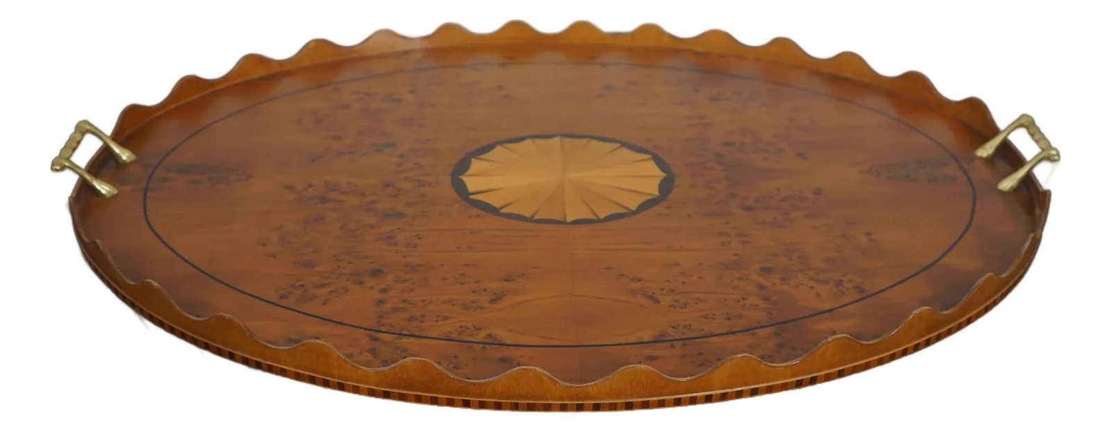 Adam Style Birdseye Maple Top Scalloped Serving Tray: Age: Approx 40 Years Old Details: Quality Construction Large Impressive Tray Nice Inlay Work Throughout English Style Brass Handles Felt Lined Base Nice Scalloped Edge Condition: Excellent Original