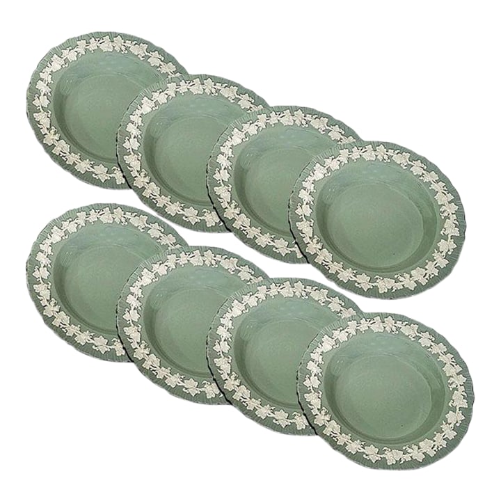 Wedgwood Queens Ware Soup Plates Cream on Celadon - Set of 8: Set of 8 Wedgwood Queensware Embossed Cream on Celadon (or Green) shell grapevine edge Rimmed Soup Bowl Made in England It is made of porcelain or fine glazed earthenware. The design features a light