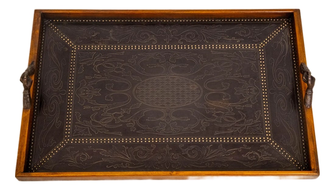 Theodore Alexander Armory Collection Serving Tray: AGE * Approx: 20 Years Old DETAILS * Armory Collection * High Quality Construction * English Style * Studded Embossed Bronze Surface Top * Bronze Handles CONDITION * Excellent Original Finish And Cond